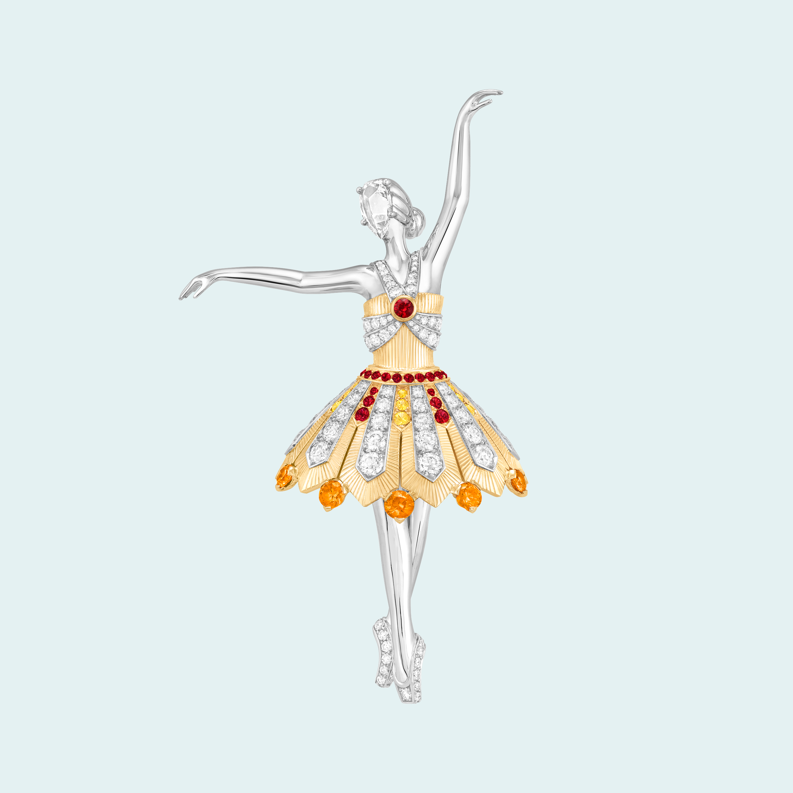 Vera ballerina clip. White gold, yellow gold, rubies, yellow sapphires, spessartite garnets, diamonds. Ballet Précieux collection, Van Cleef & Arpels..