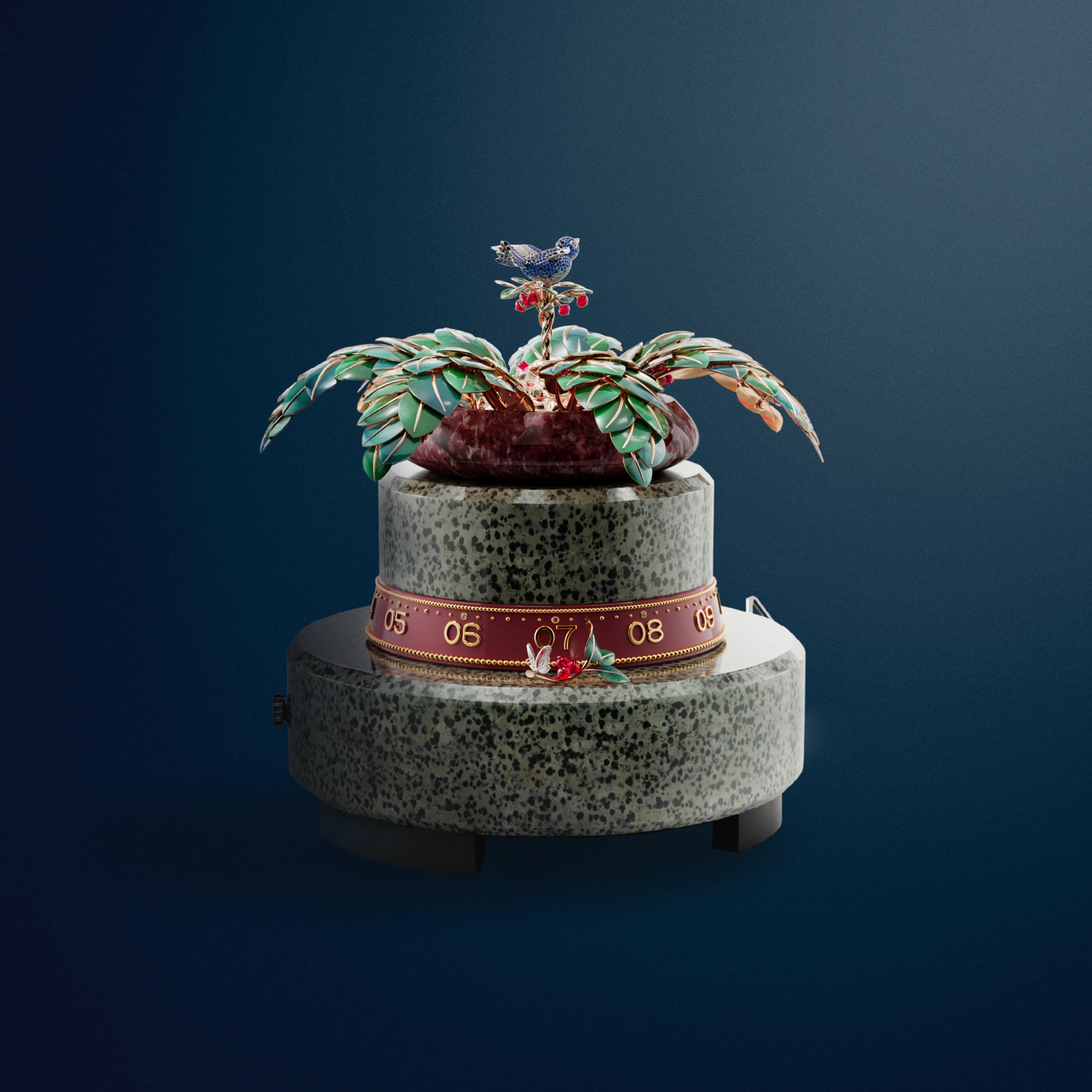 Apparition des Baies自动机械装置，白K金，黄K金，玫瑰金，浅蓝色和深蓝色蓝宝石，钻石，红色尖晶石，斑点碧玉，锰黝帘石，漆面，黑檀木，山羊皮，铝，精钢。Extraordinary Objects非凡工艺臻品系列，Van Cleef & Arpels梵克雅宝。