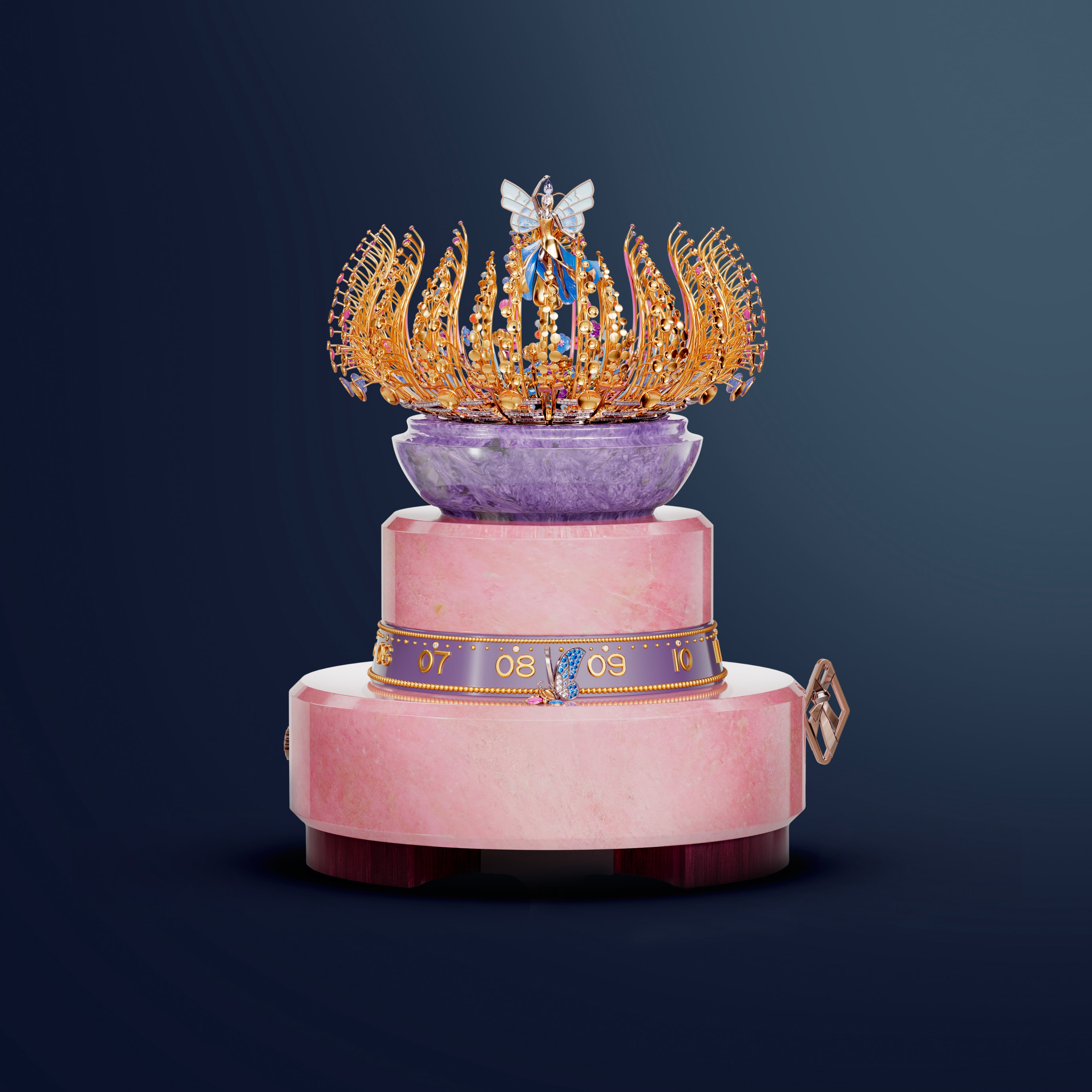 Bouton d'or自动机械装置，黄K金，白K金及玫瑰金，彩色蓝宝石，钻石，沙弗莱石榴石，锰黝帘石，紫龙晶，漆面，苋紫木，山羊皮，铝，精钢。Extraordinary Object非凡工艺臻品系列，Van Cleef & Arpels梵克雅宝。