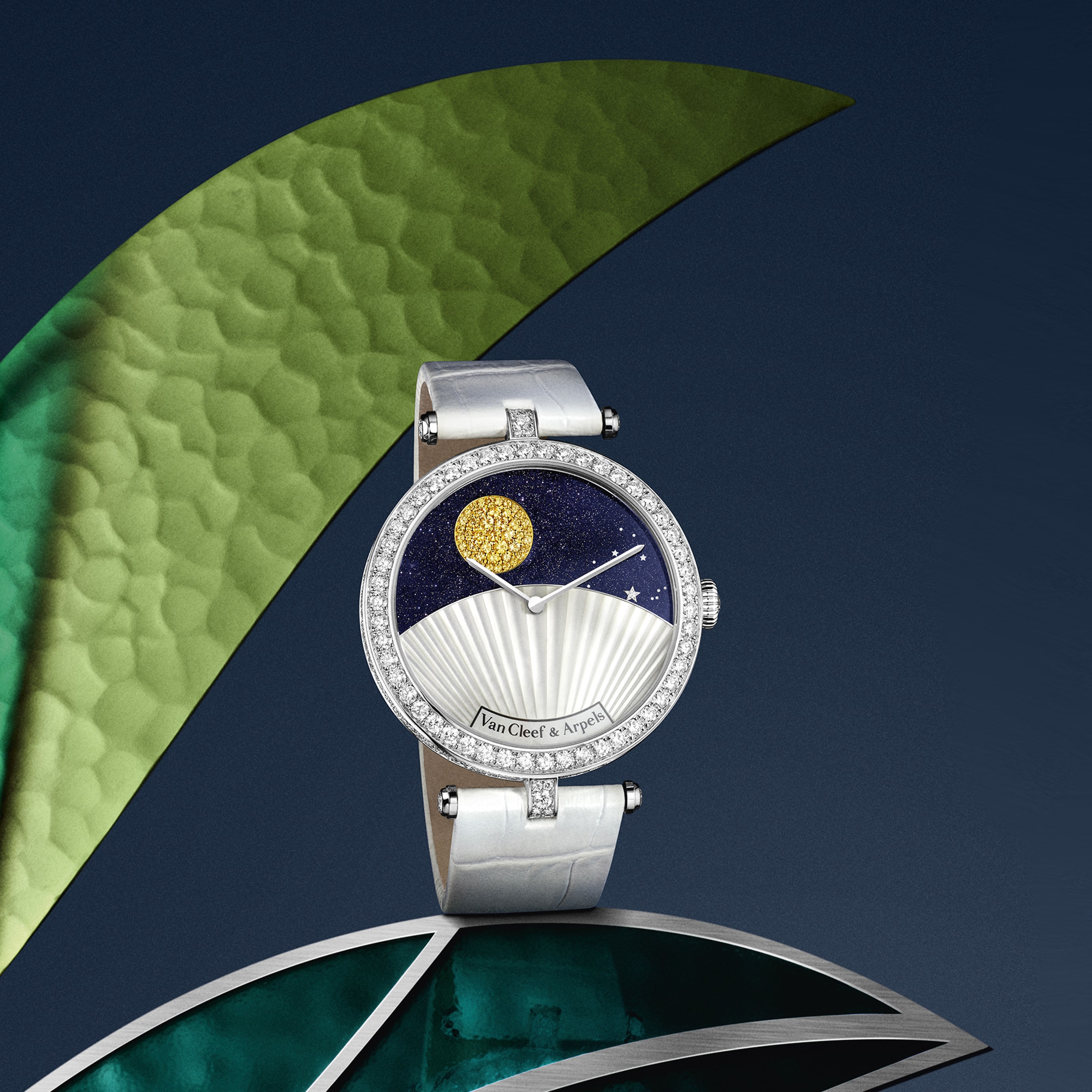 Lady Arpels Jour Nuit腕表，白K金，钻石，黄色蓝宝石，珍珠母贝，砂金石。Poetic Complications诗意复杂功能腕表系列，Van Cleef & Arpels梵克雅宝。