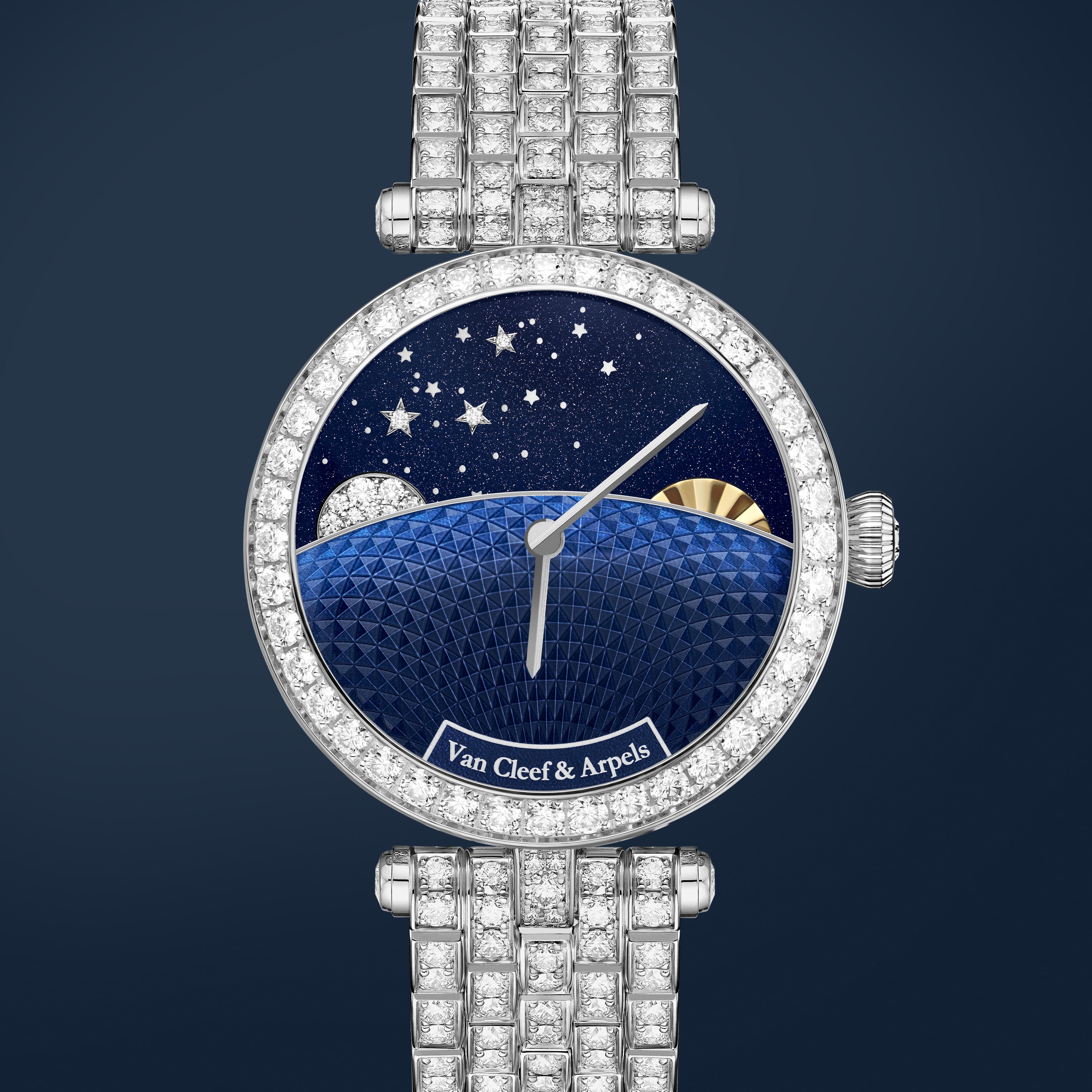 Lady Jour Nuit腕表，白K金，钻石，珍珠母贝，砂金石。Poetic Complications诗意复杂功能腕表系列，Van Cleef & Arpels梵克雅宝。