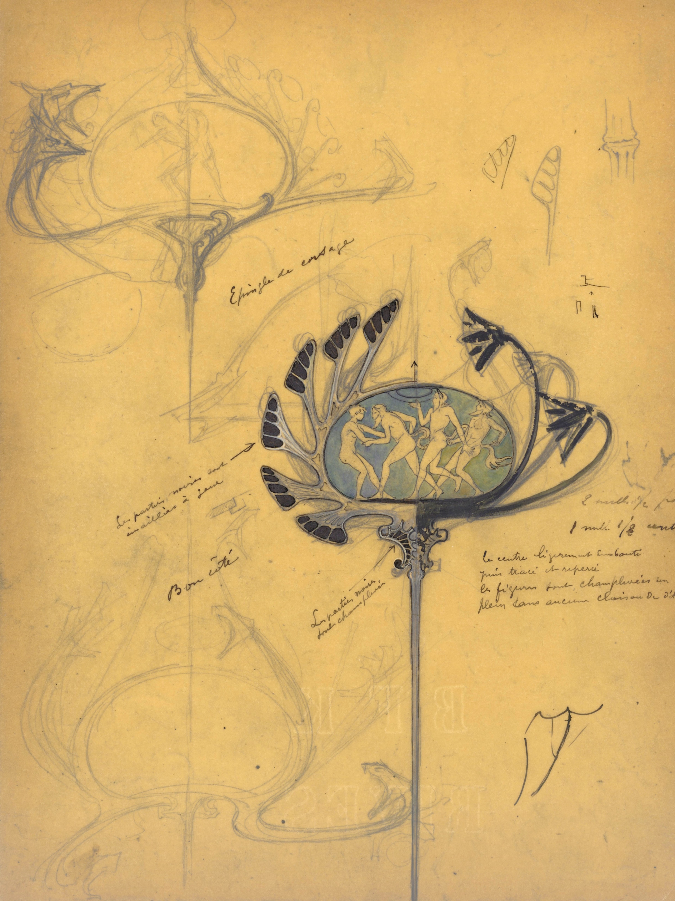 荷内·莱俪（1860年-1945年）。“Maenad and Sileni”胸针手绘图，约1900年。草纸面铅笔、墨水和水粉画。Van Cleef & Arpels梵克雅宝珠宝文化基金。