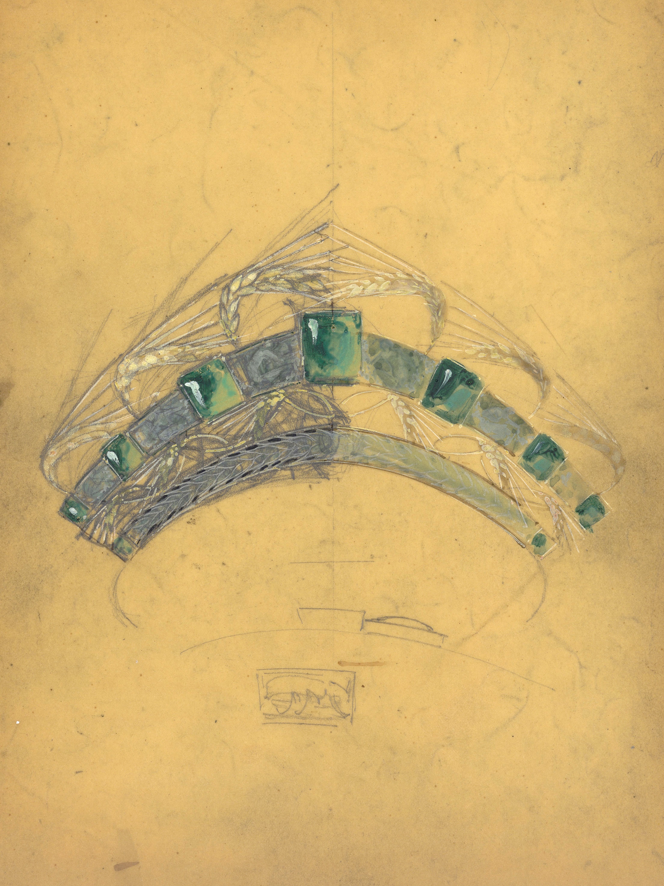 荷内·莱俪（1860年-1945年）。“Ears of wheat”王冠手绘图，约1900年。草纸面铅笔、墨水和水粉画。Van Cleef & Arpels梵克雅宝珠宝文化基金。