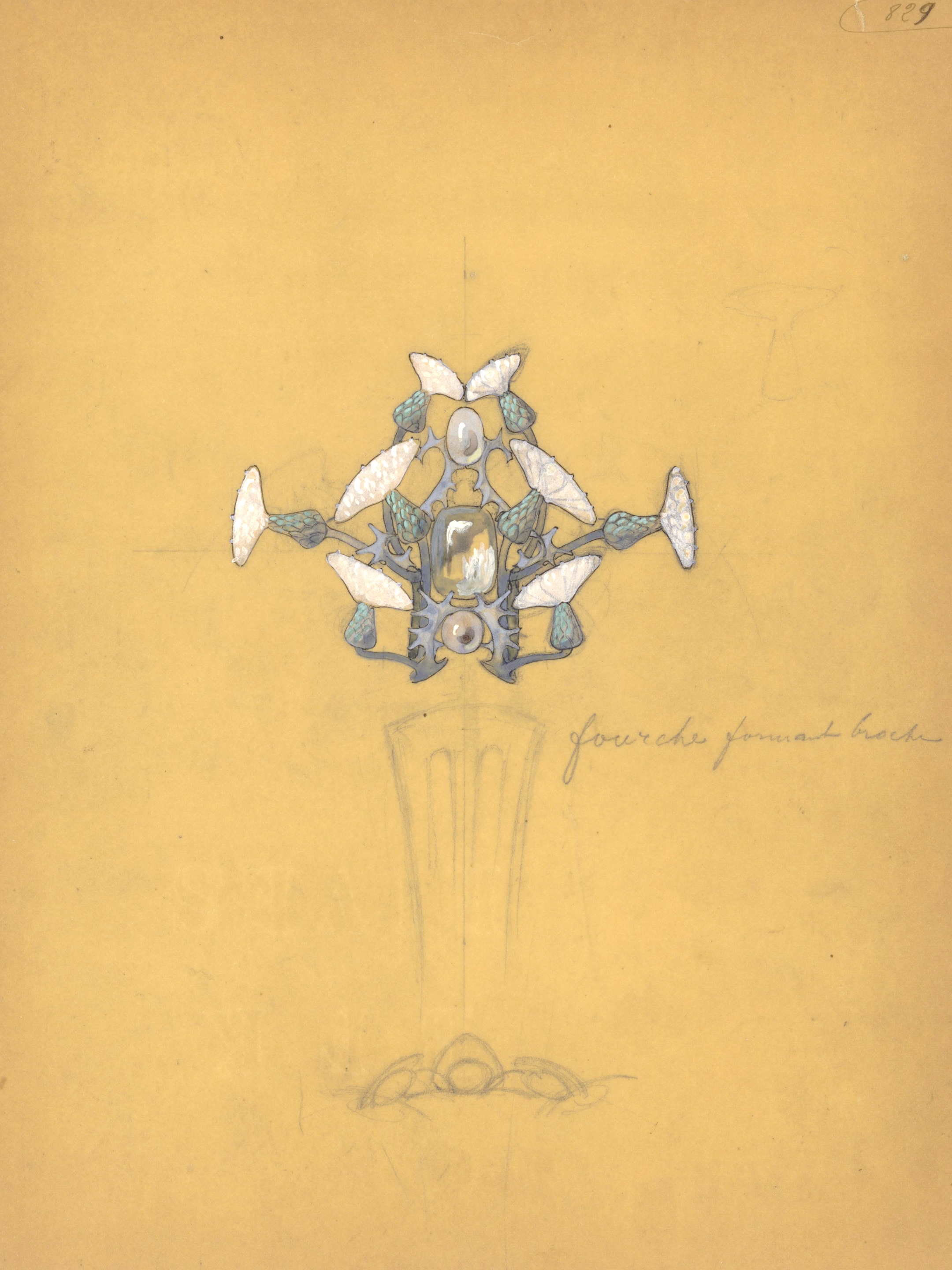 荷内·莱俪（1860年-1945年）。“Thistle”发梳手绘图，约1900年。草纸面铅笔、墨水和水粉画。Van Cleef & Arpels梵克雅宝珠宝文化基金。
