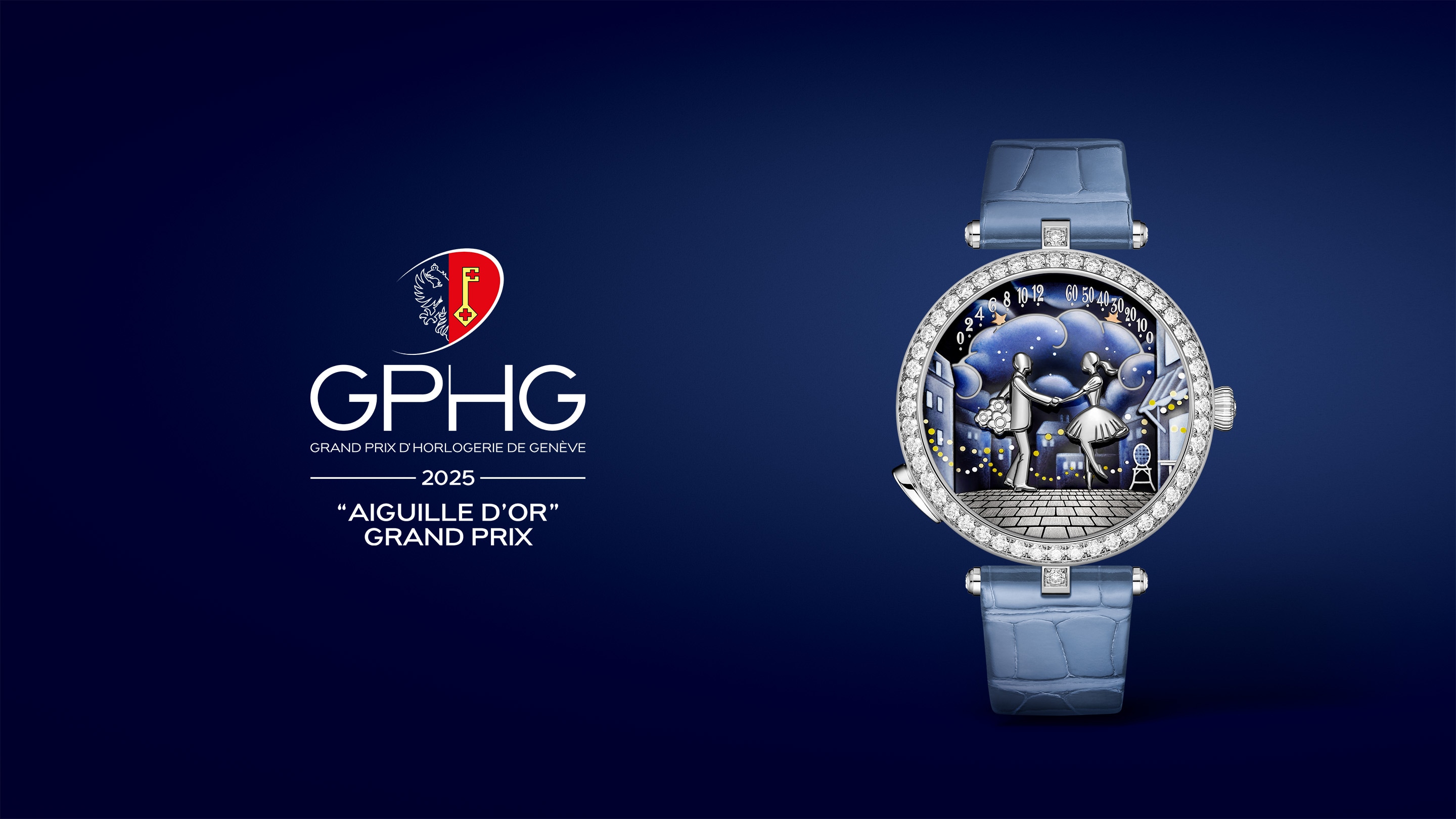 Lady Arpels Bal des Amoureux Automate腕表。镀铑白K金，圆形钻石，Grisaille墨彩珐琅，彩色墨彩珐琅，镀铑人物形象，自动上链机械机芯，配备双逆跳、自动机械装置及按需动画模块。Poetic Complications诗意复杂功能腕表系列。Van Cleef & Arpels梵克雅宝。