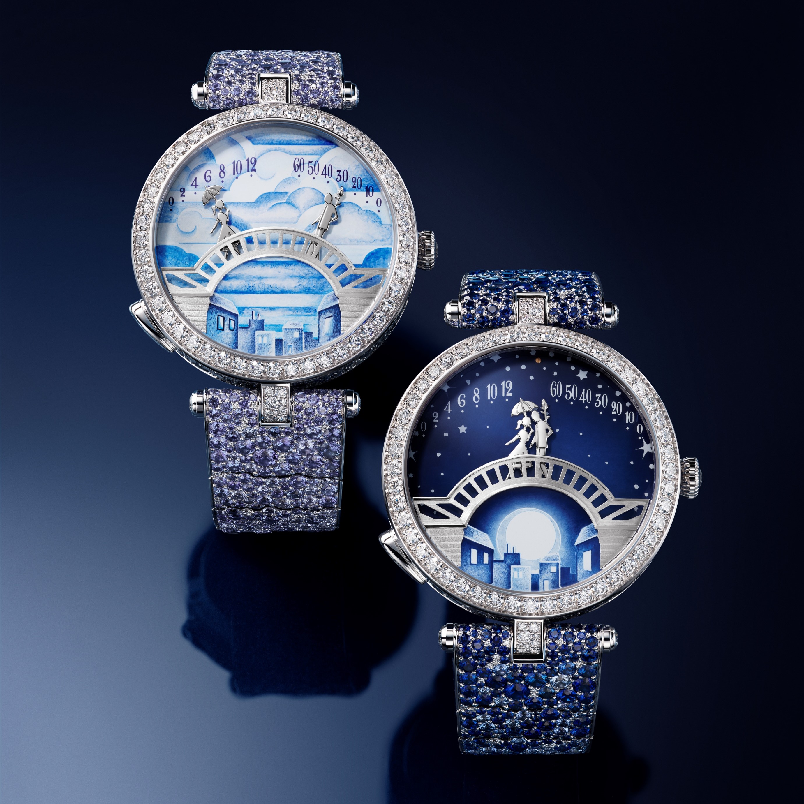 Lady Arpels Pont des Amoureux Matinée腕表和Lady Arpels Pont des Amoureux Clair de Lune腕表。镀铑白K金，钻石，蓝宝石，珐琅。自动上链机械机芯，双逆跳机械装置，按掣动画模块。Poetic Complications®诗意复杂功能腕表系列，Van Cleef & Arpels梵克雅宝。