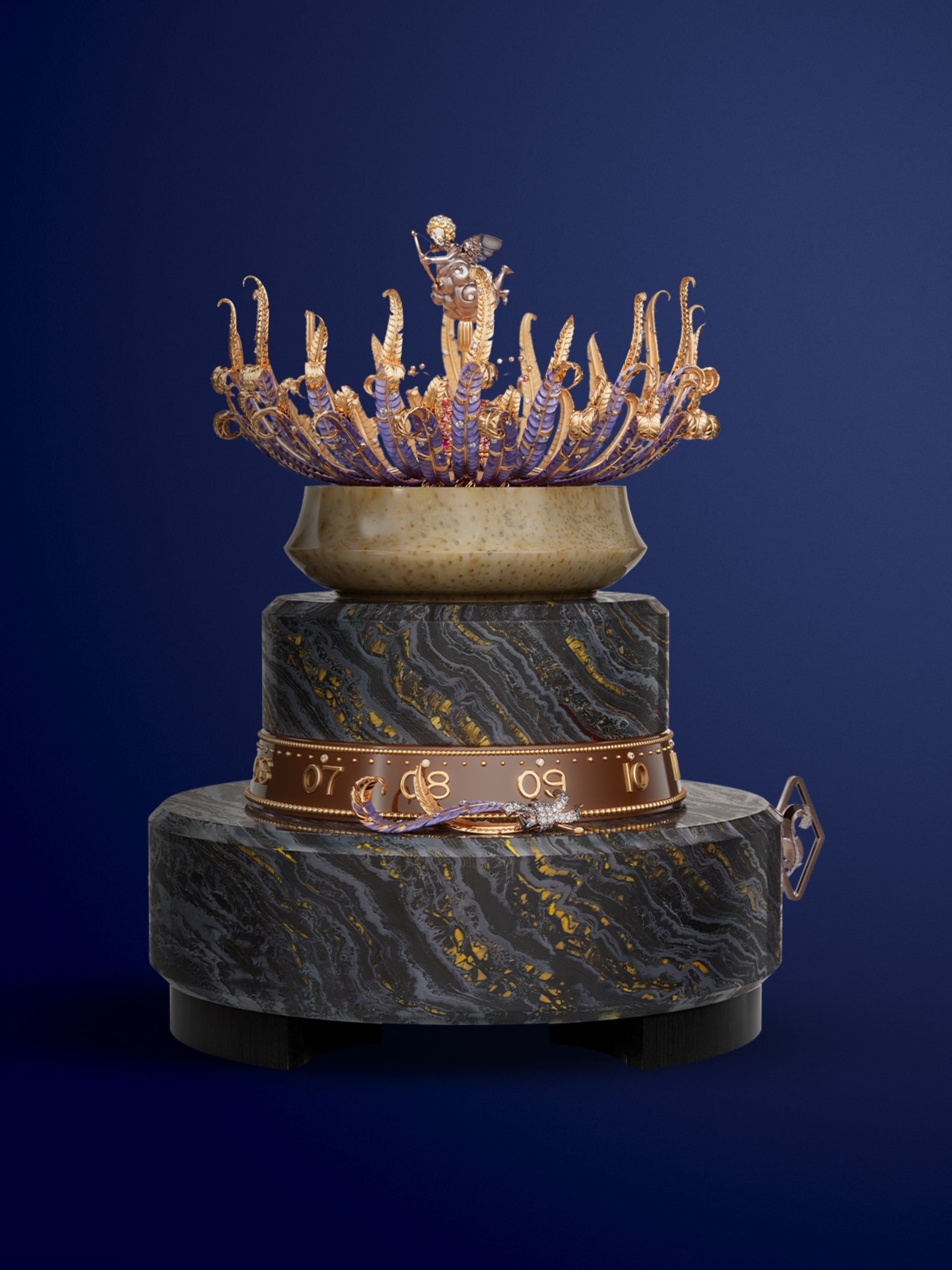 Naissance de l’Amour automaton. 18K white gold, 18K rose gold, 18K yellow gold, pink sapphires, diamonds, iron eye, petrified palm tree, enamel, lacquer, ebony, leather, aluminium, steel. Automaton and mechanical movements, 12-hour function on a 360-degree rotating ring, 8-day power reserve, on-demand animation with a melody. Extraordinary Objects™ collection, Van Cleef & Arpels.