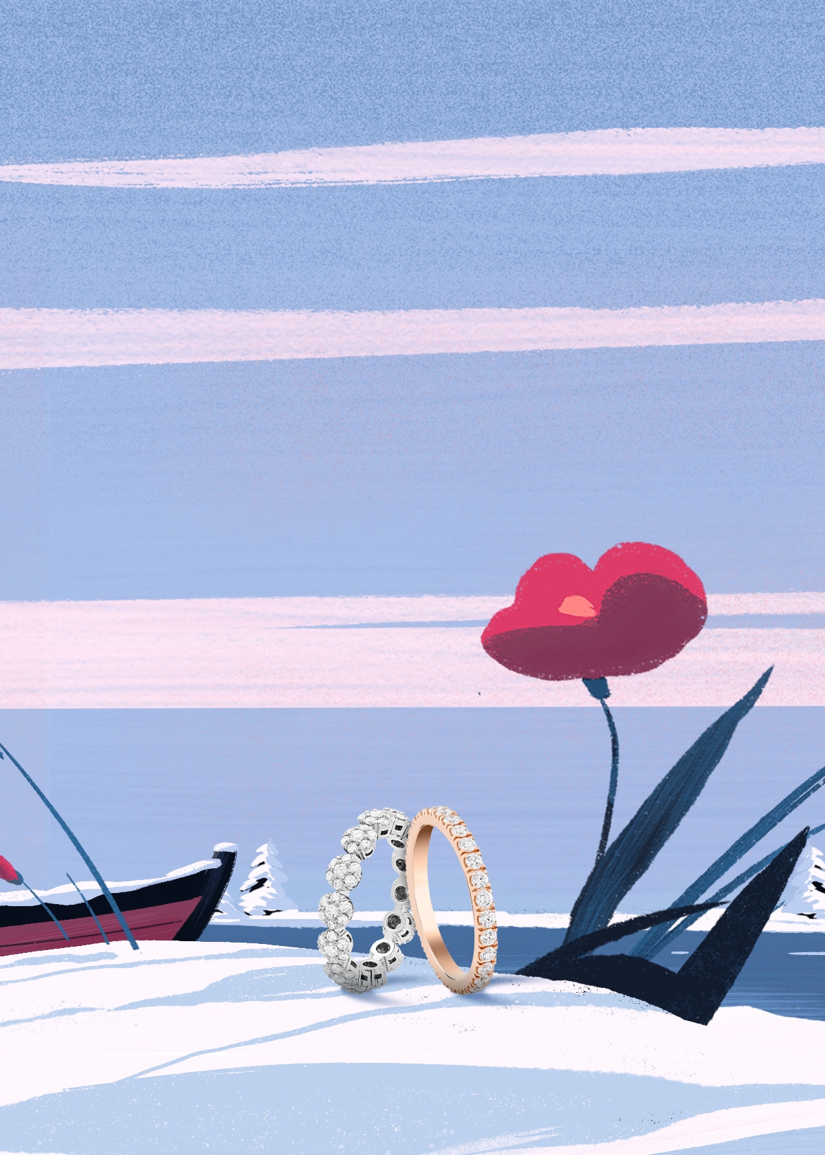 Fleurette婚戒，铂金，圆形钻石；Félicité婚戒，2.1毫米，18K玫瑰金，圆形钻石。Fleurette及婚嫁系列，Van Cleef & Arpels梵克雅宝。