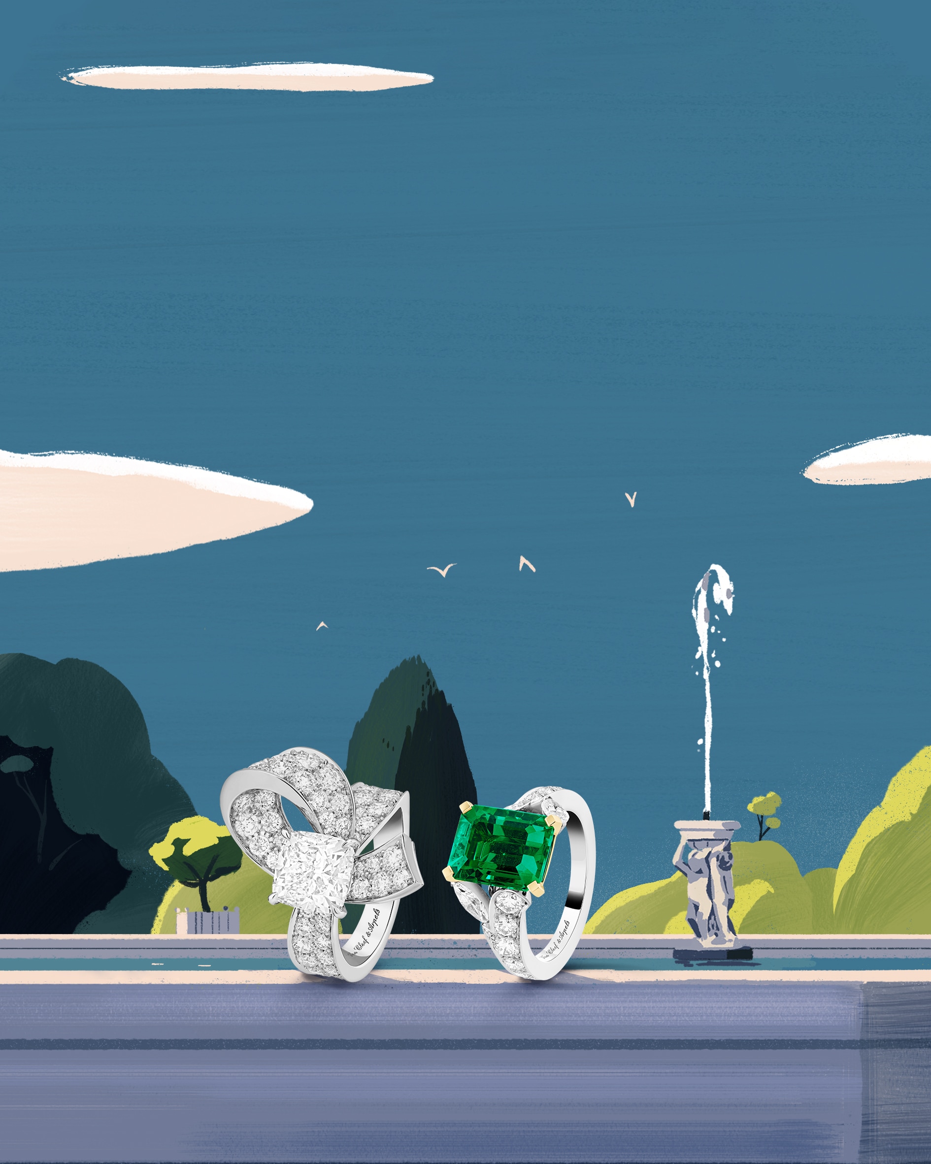 Boucle solitaire, platinum, round diamonds, one cushion-cut 2.61 ct diamond and Jasmin solitaire, platinum, 18K yellow gold, round and marquise-cut diamonds, one emerald-cut 4.11ct emerald. Collection Mariage, Van Cleef & Arpels.