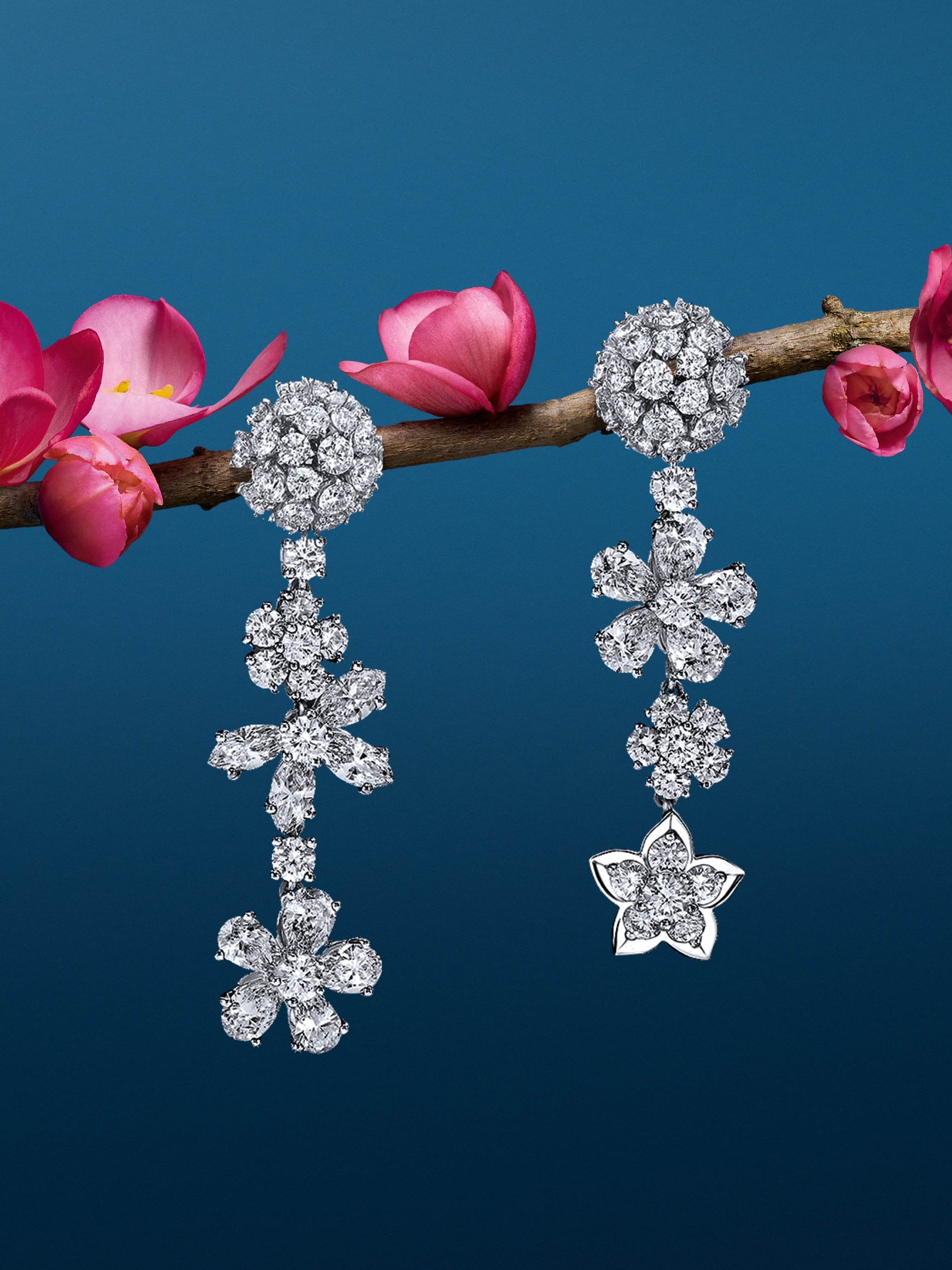 Folie des Prés earrings, 18K white gold, diamonds. Folie des Prés High Jewelry collection, Van Cleef & Arpels.