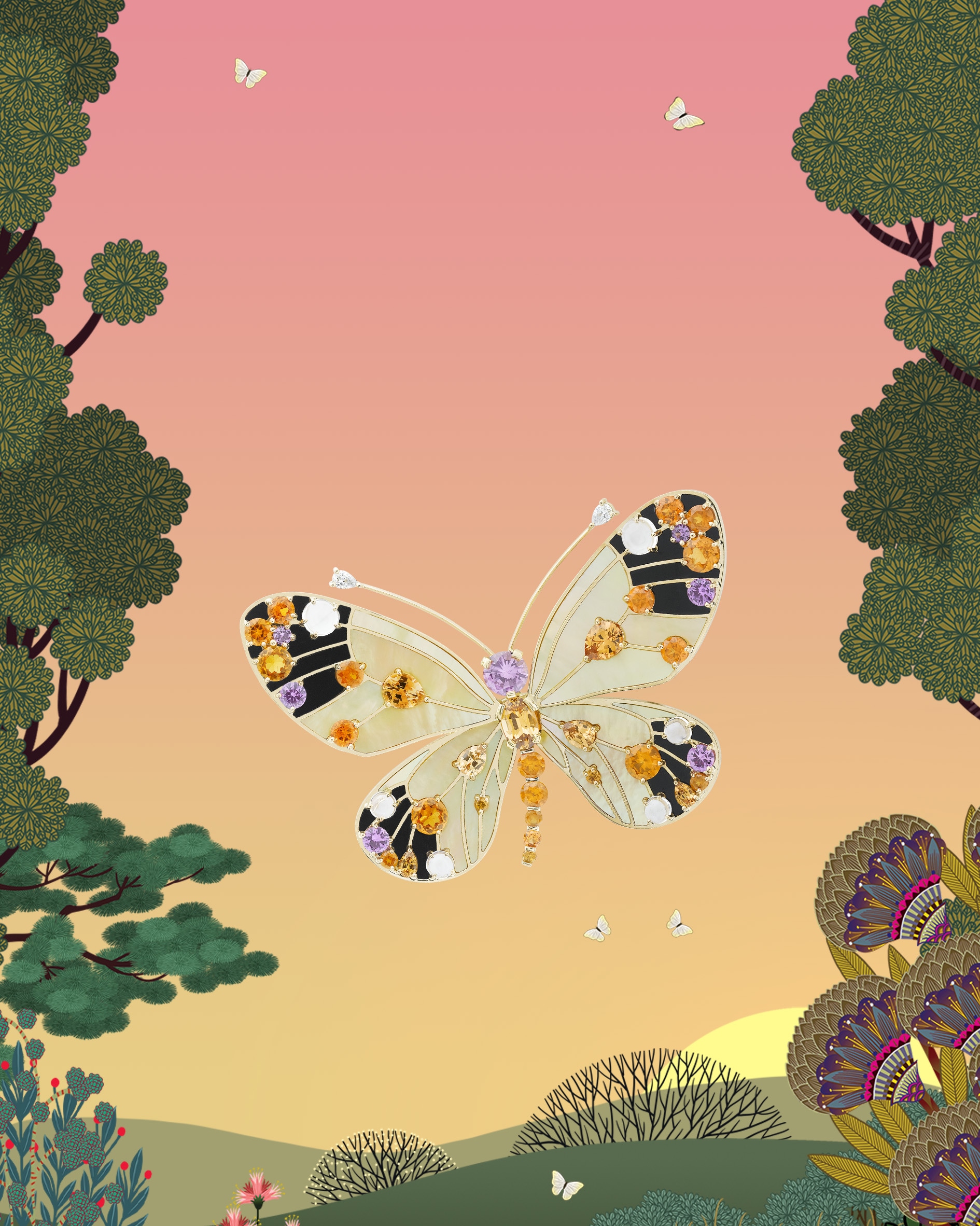 Cybèle butterfly胸针，玫瑰金，粉色蓝宝石，红宝石，黑色尖晶石，缟玛瑙，钻石；Hespérie butterfly胸针，白K金，玫瑰金，粉红色及淡紫色蓝宝石，绿松石，白色珍珠母贝，钻石；Gold Papillon Nacre胸针，玫瑰金，圆形钻石，金色珍珠母贝，红色珊瑚，梨形锰铝石榴石及粉红色凸圆形切割碧玺。Butterflies系列，Van Cleef & Arpels梵克雅宝。