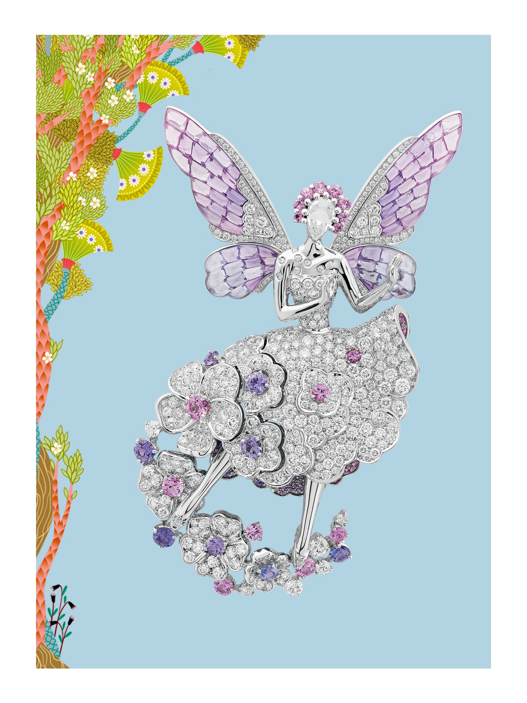 Ailes Mystérieuses Fair胸针,白K金,Vitral Mystery Set™彩绘玻璃隐密式镶嵌彩色蓝宝石,粉色及淡紫色蓝宝石,钻石。私人珍藏系列,Feminine figures系列,Van Cleef & Arpels梵克雅宝。