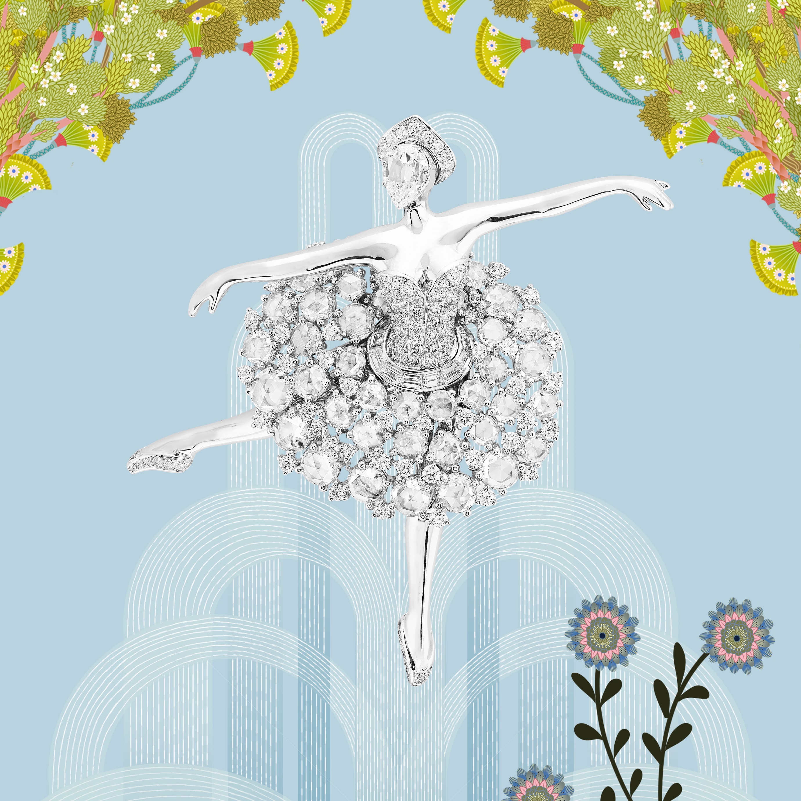 Justine ballerina胸针,白K金,圆形、长方形切割及玫瑰形切割钻石。Feminine figures系列,Van Cleef & Arpels梵克雅宝。