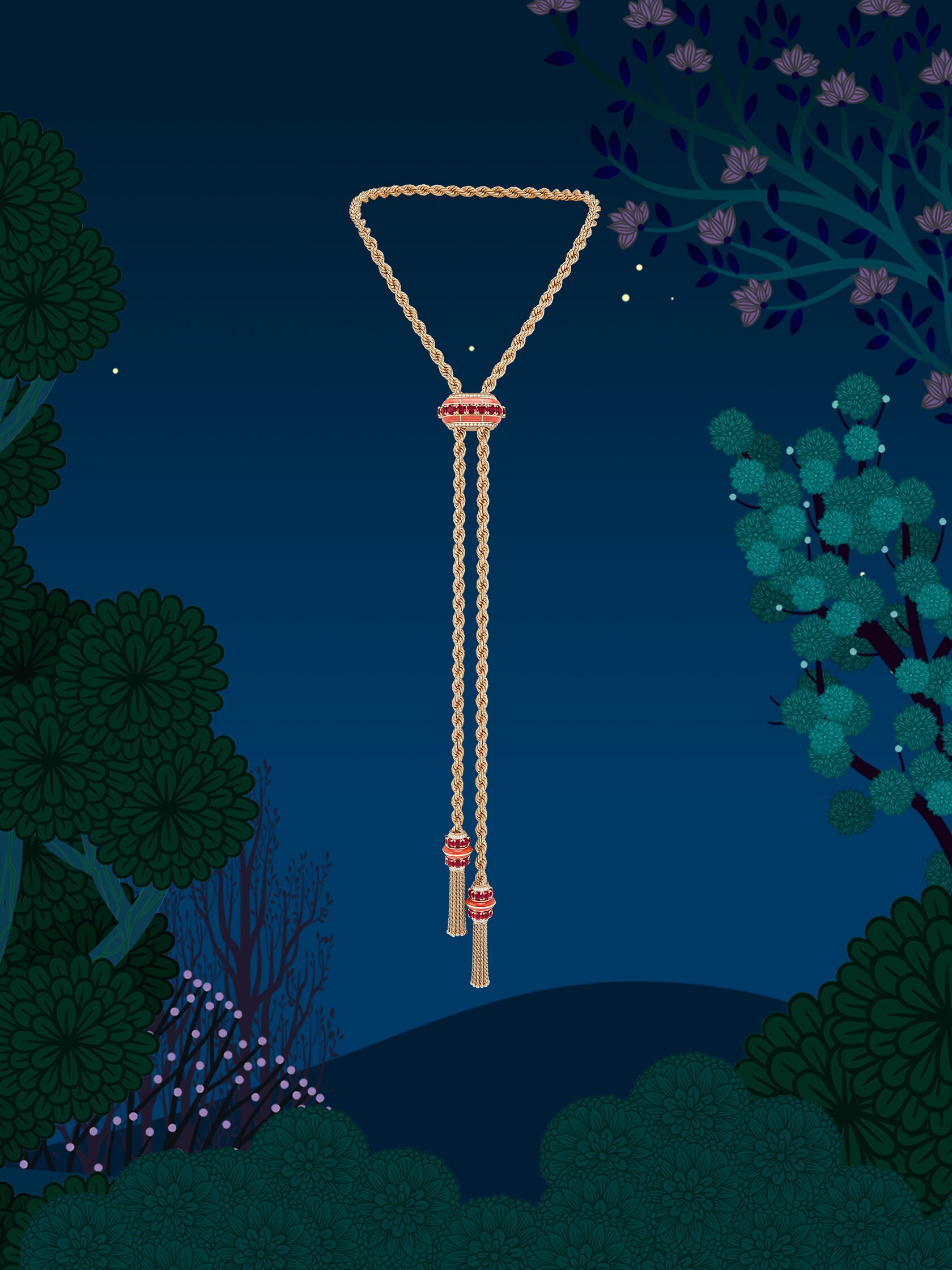 Liane长项链,玫瑰金,红宝石,珊瑚,钻石。Liane系列,Van Cleef & Arpels梵克雅宝。