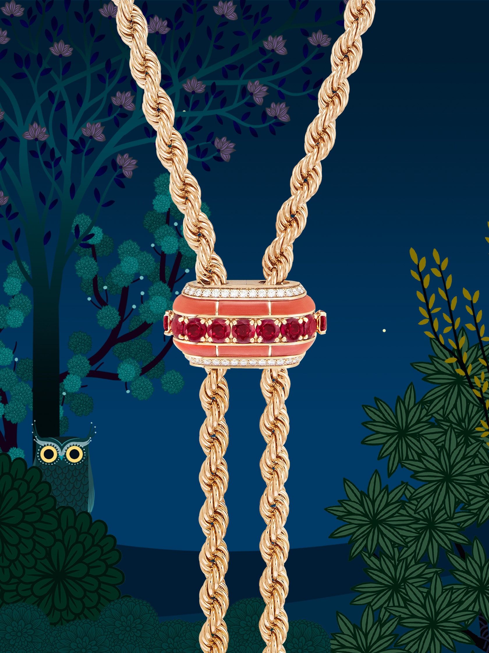 Liane长项链特写,玫瑰金,红宝石,珊瑚,钻石。Liane系列,Van Cleef & Arpels梵克雅宝。