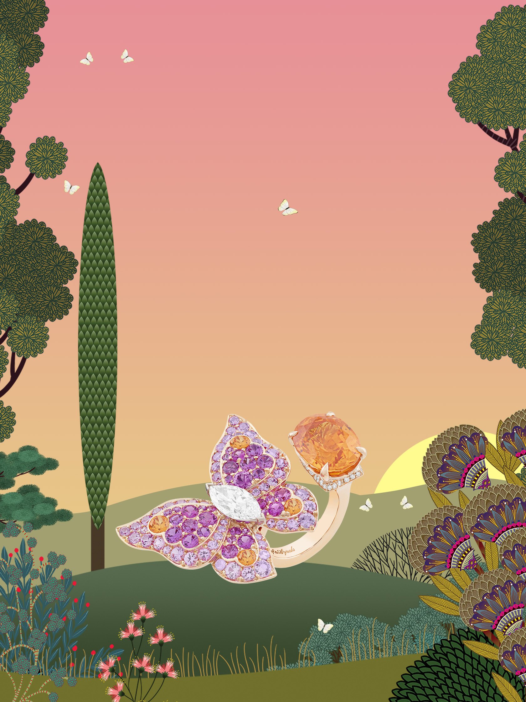 Butterfly指间戒,玫瑰金,白K金,1颗10.99克拉的椭圆形切割锰铝石榴石,1颗1.50克拉的DWS1级马眼形切割钻石,粉色蓝宝石,锰铝石榴石,钻石。Butterflies系列,Van Cleef & Arpels梵克雅宝。