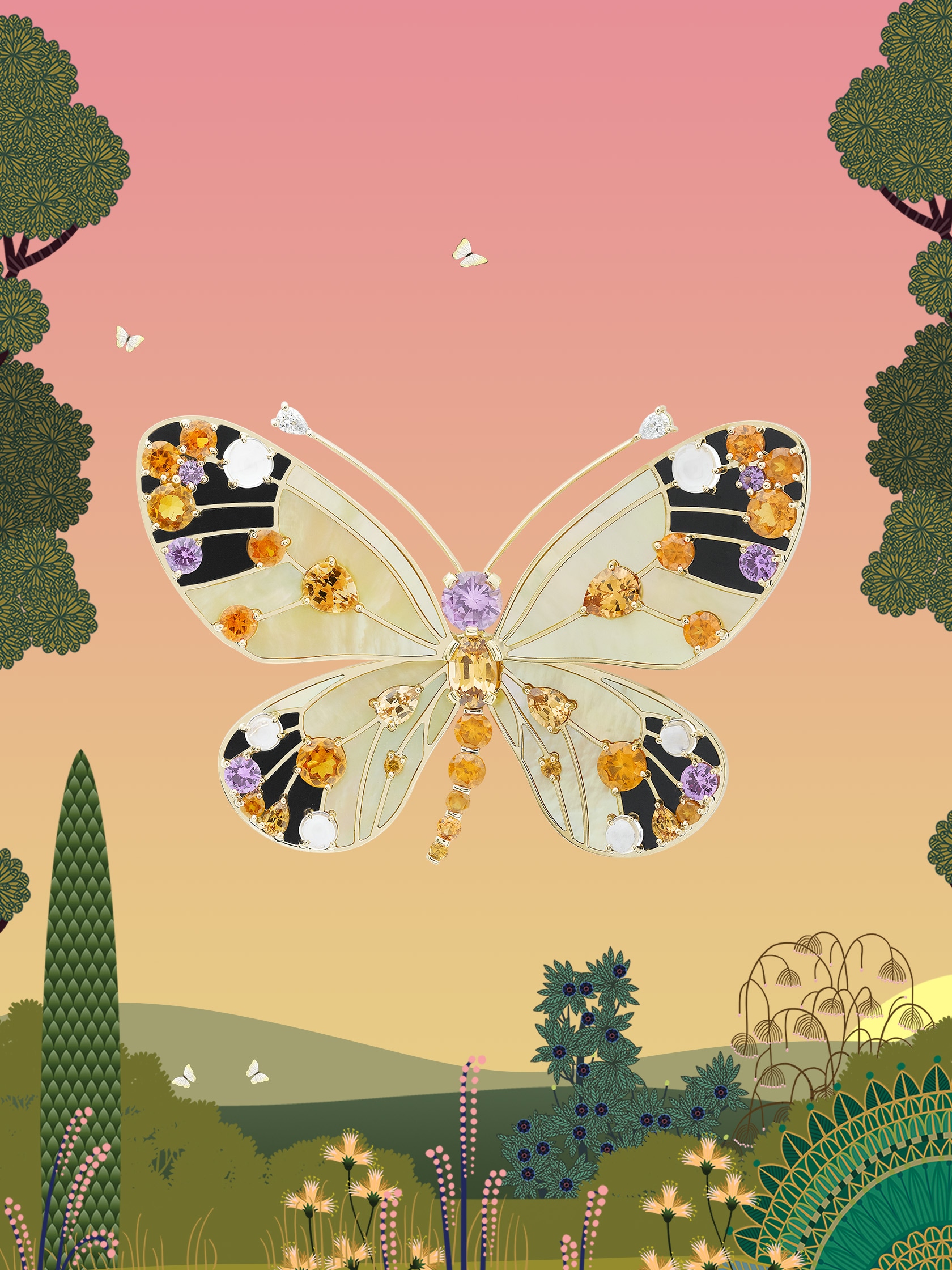 Lycaena butterfly胸针,黄K金,梨形钻石,圆形淡紫色蓝宝石,圆形及梨形锰铝石榴石,缟玛瑙,月光石,金色珍珠母贝。Butterflies系列,Van Cleef & Arpels梵克雅宝。