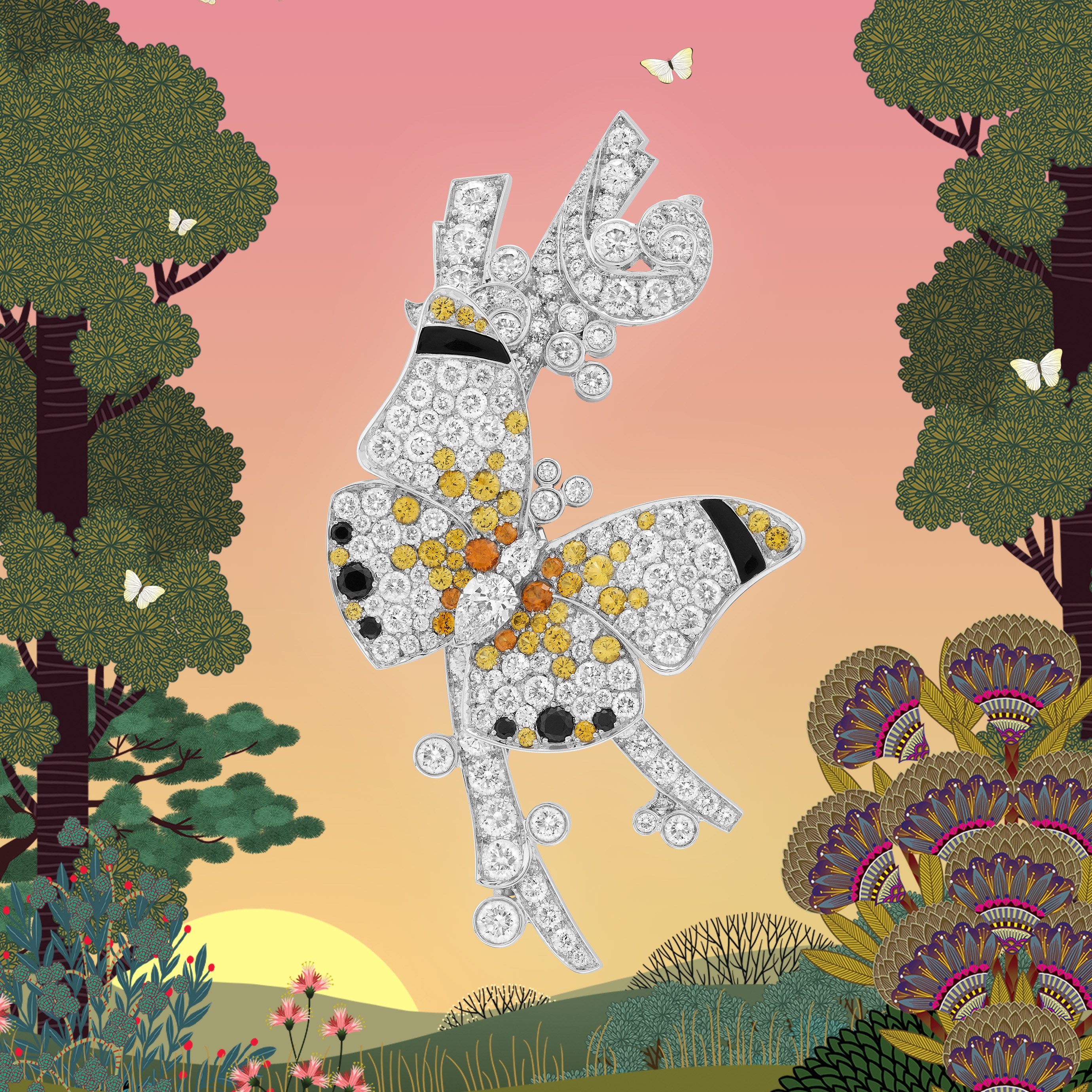 Envolée d’été项链的可拆式胸针,白K金,黄色蓝宝石,锰铝石榴石,黑色尖晶石,缟玛瑙,钻石。Butterflies系列,Van Cleef & Arpels梵克雅宝。