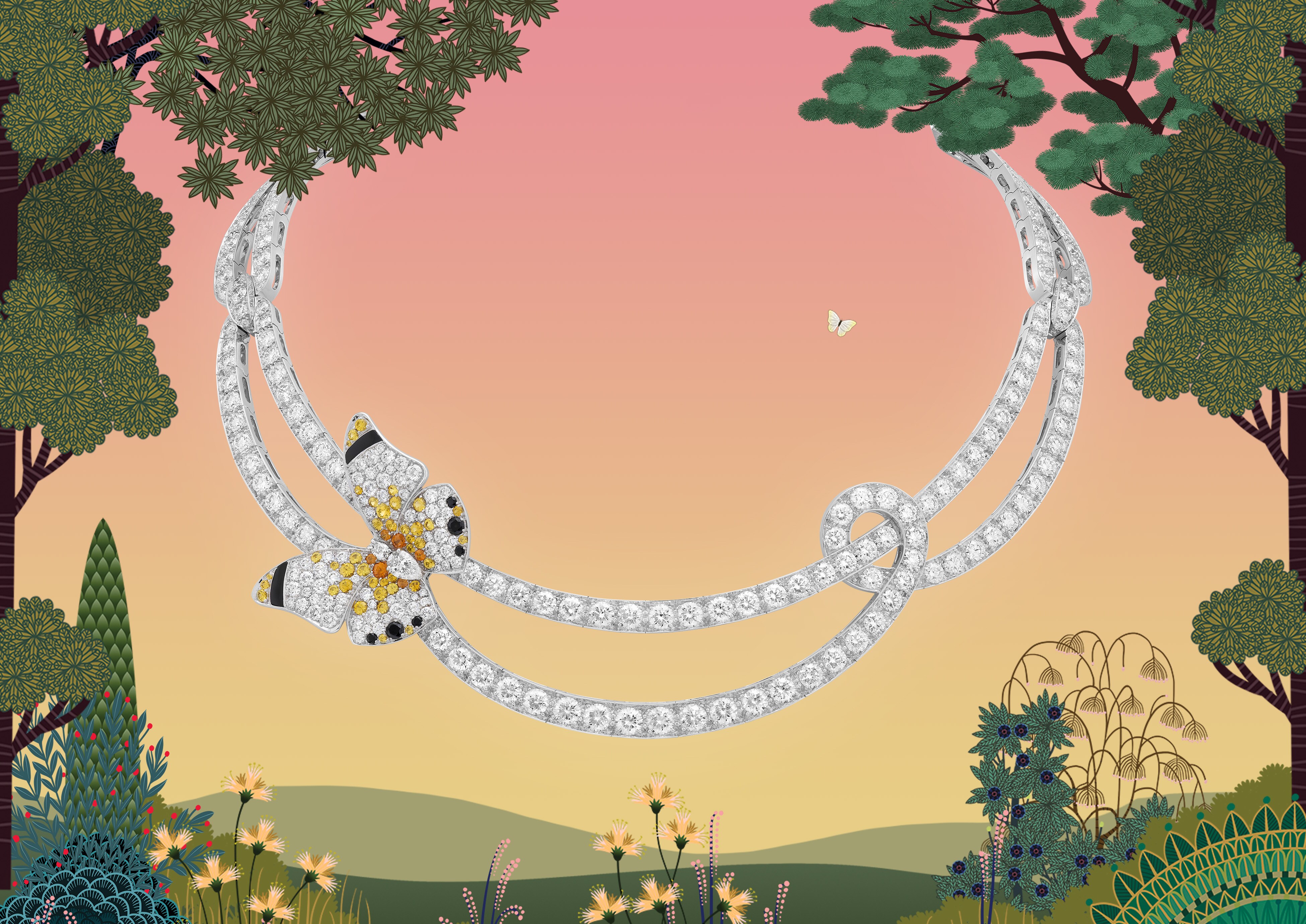 Envolée d’été项链及可拆式胸针,白K金,黄色蓝宝石,锰铝石榴石,黑色尖晶石,缟玛瑙,钻石。Butterflies系列,Van Cleef & Arpels梵克雅宝。