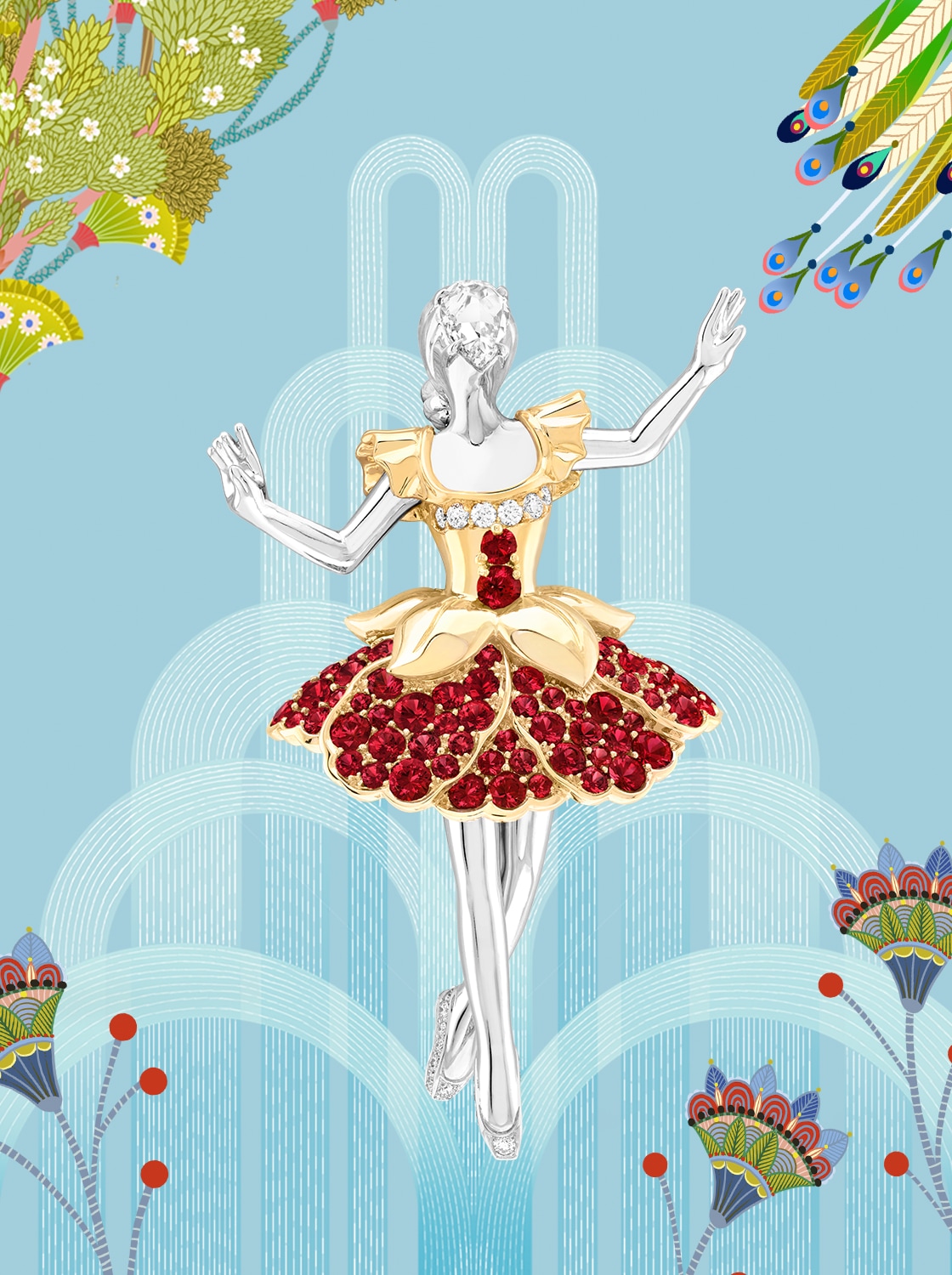 Pink warbler ballerina胸针,玫瑰金,白K金,粉红色蓝宝石,钻石。Feminine figures系列,Van Cleef & Arpels梵克雅宝。
