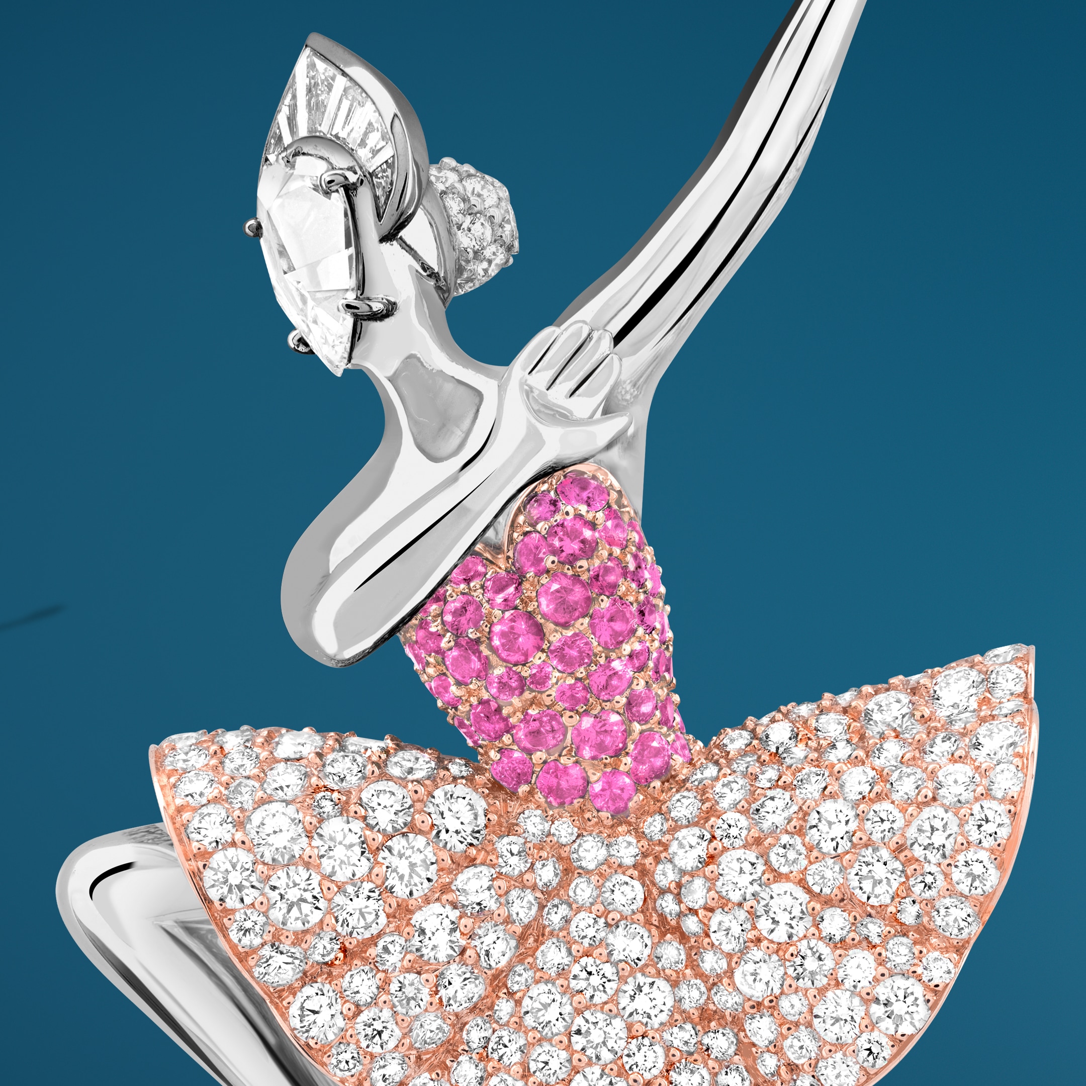Dulcinea ballerina胸针。白K金，玫瑰金，粉色蓝宝石，钻石。Feminine Figures系列，Van Cleef & Arpels梵克雅宝。
