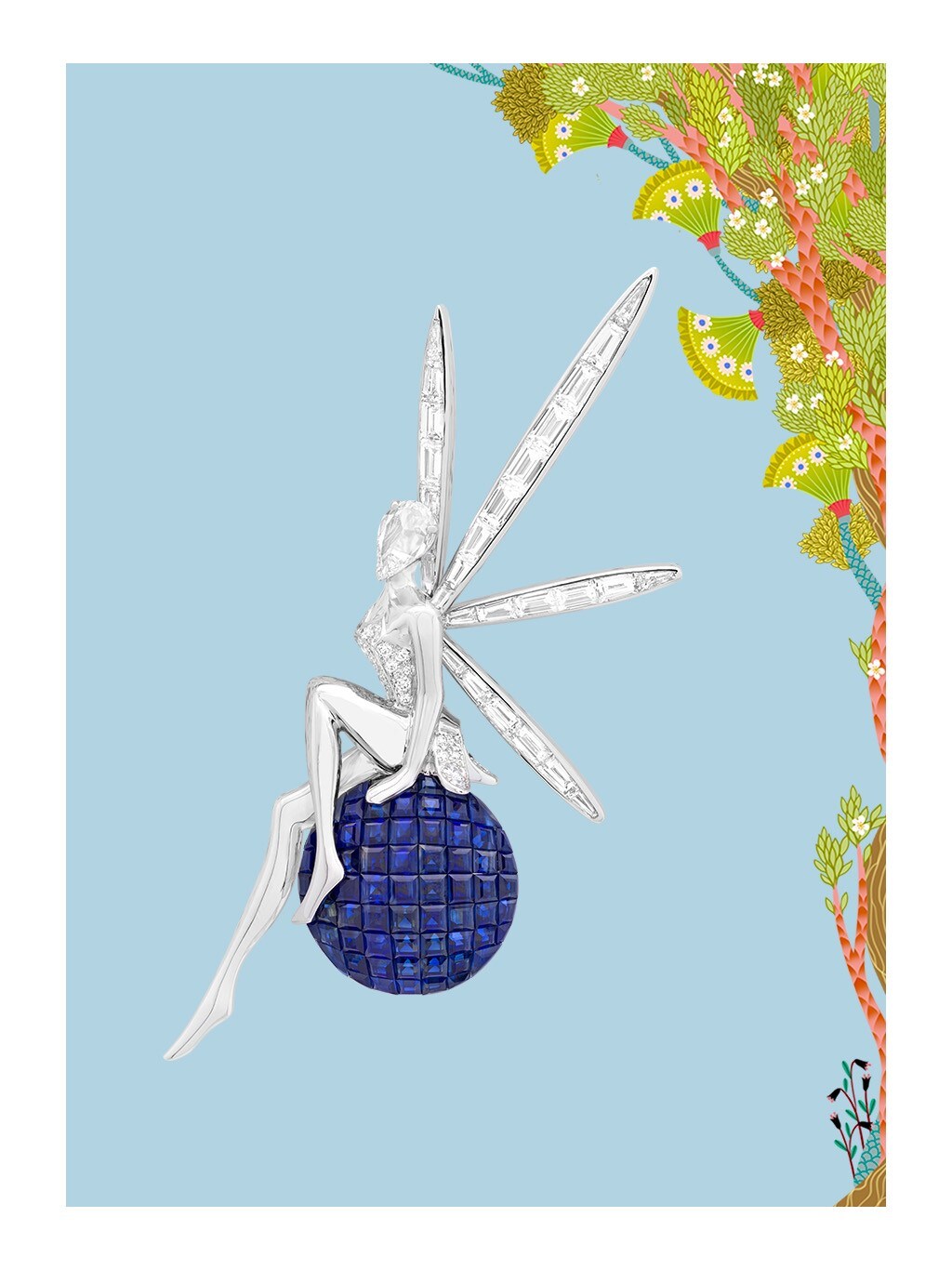 Caresse d'Éole Fairy胸针。白K金,玫瑰金,传统隐密式镶嵌蓝宝石,钻石,Van Cleef & Arpels梵克雅宝。