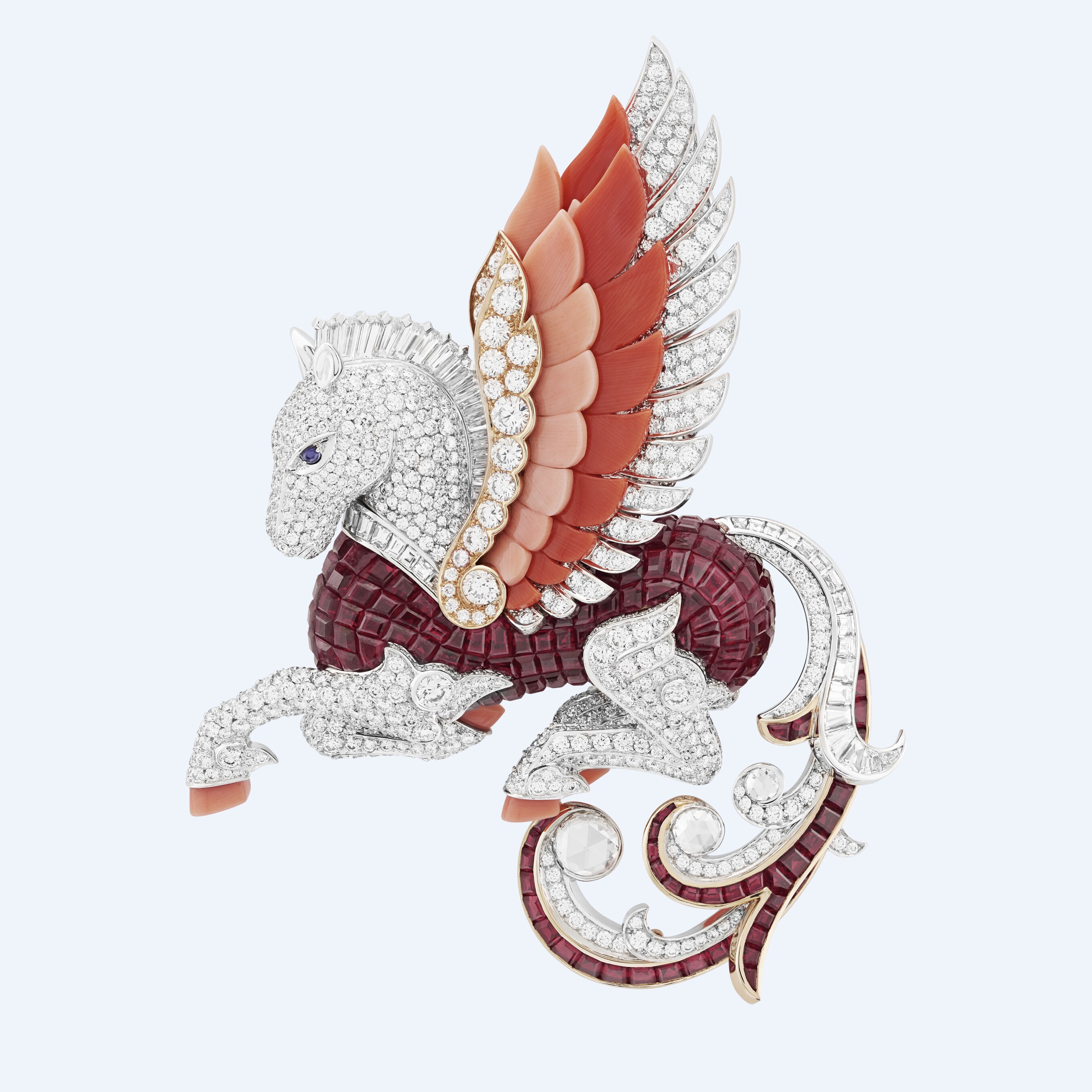 Pégase胸针,白K金,玫瑰金,传统Mystery Set隐密式镶嵌红宝石,淡紫色蓝宝石,红宝石,珊瑚,钻石。L’Arche de Noé raconté par Van Cleef & Arpels系列,Van Cleef & Arpels梵克雅宝。