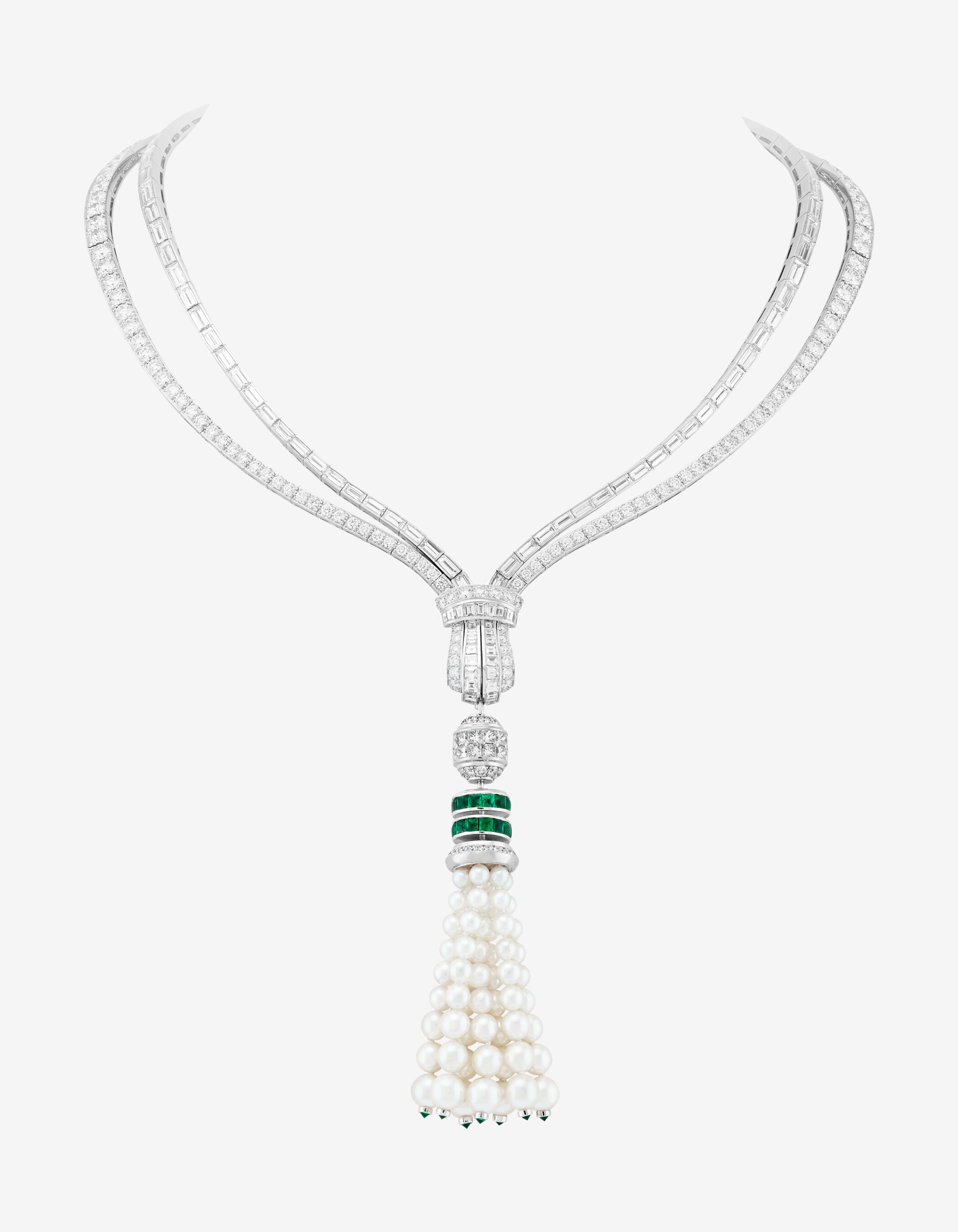 Grand Opus transformable necklace, white gold, 3 carved emeralds for 127.88 carats (Colombia), emeralds, white cultured pearls, diamonds. Émeraude en Majesté collection, Van Cleef & Arpels.