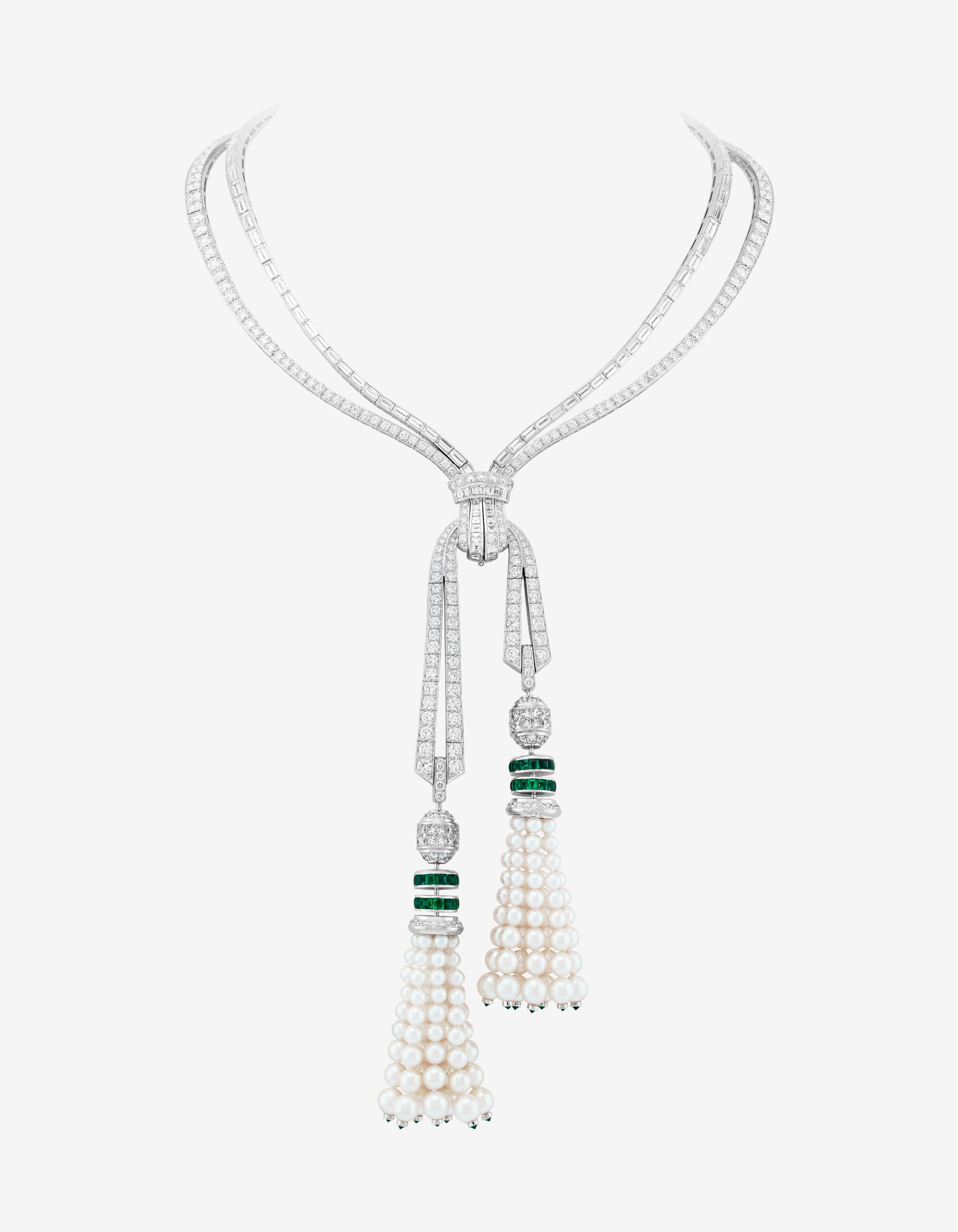 Grand Opus transformable necklace, white gold, 3 carved emeralds for 127.88 carats (Colombia), emeralds, white cultured pearls, diamonds. Émeraude en Majesté collection, Van Cleef & Arpels.