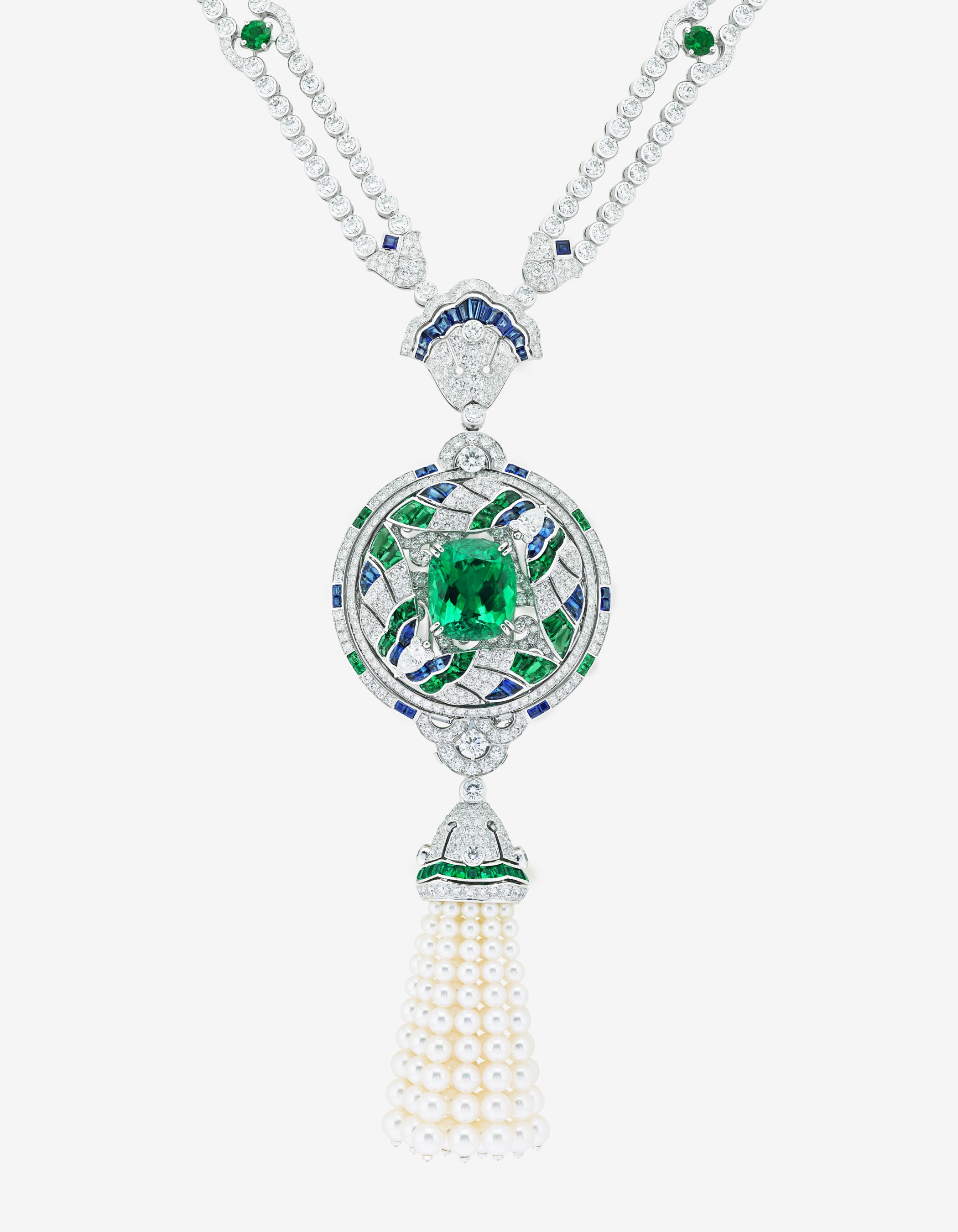 Secret des papillons necklace with detachable clip, white gold, one cushion-cut emerald of 16.52 carats (Colombia), sapphires, emeralds, white cultured pearls, diamonds. Émeraude en Majesté collection, Van Cleef & Arpels.