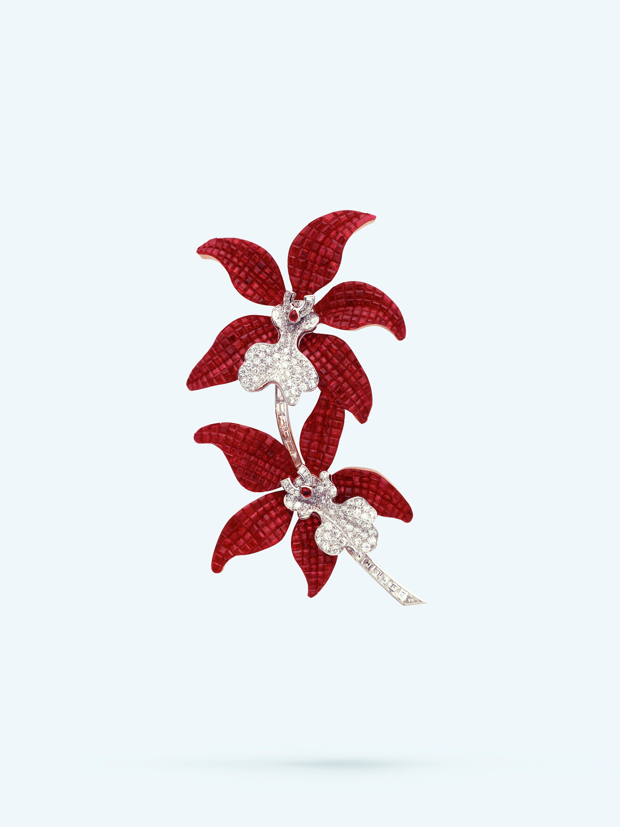 Bouquet d'orchidées胸针。18K白金,Traditional Mystery Set™传统隐密式镶嵌红宝石,钻石。私人珍藏。