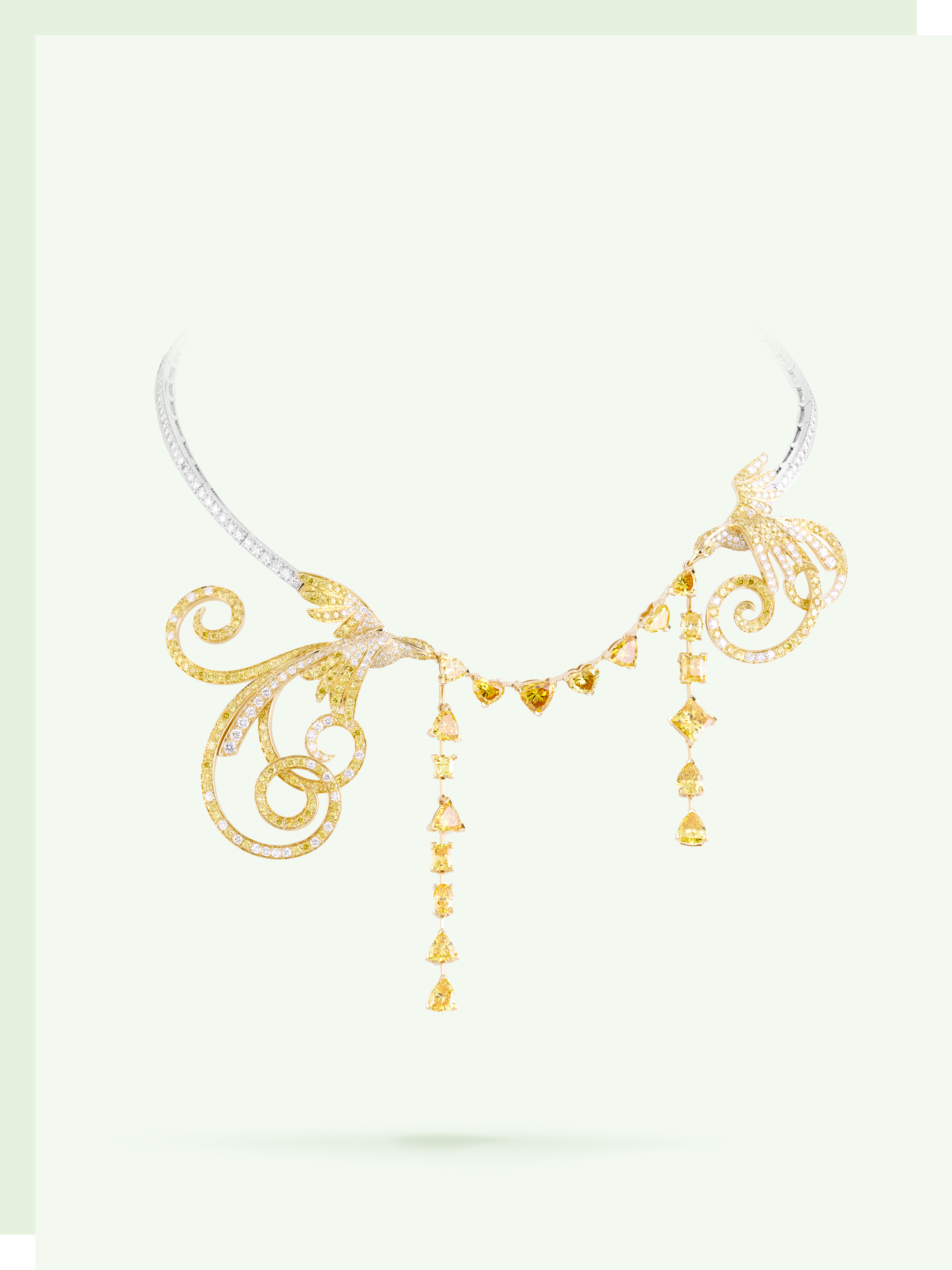 Oiseaux de Paradis™项链。18K黄金,18K白金,黄钻及白钻。Oiseaux de Paradis™系列。