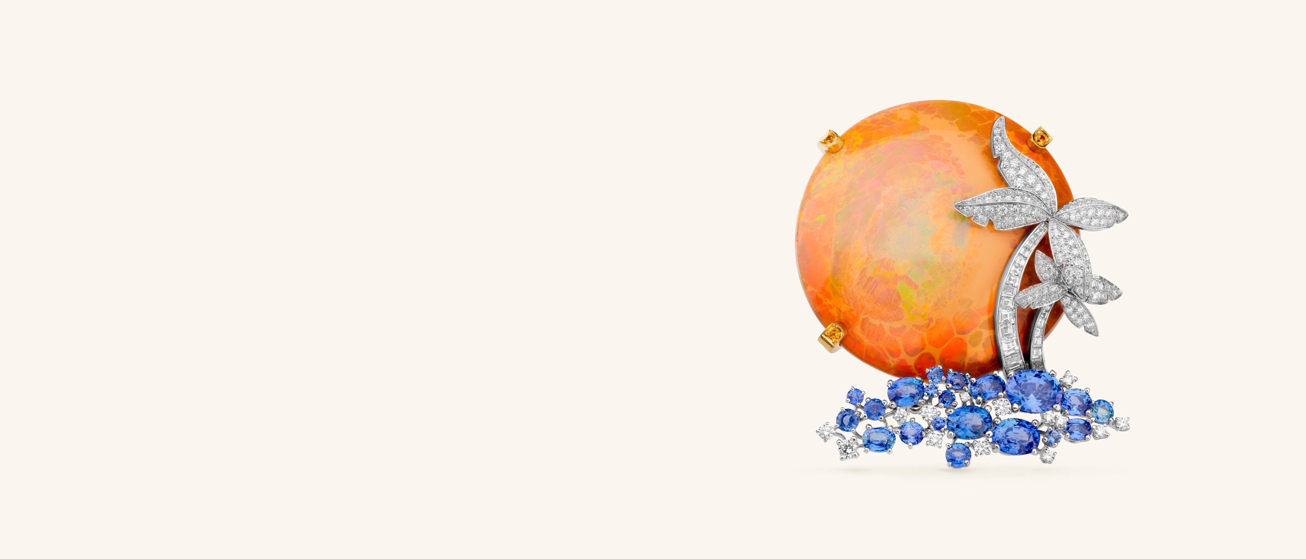 Paysage d’Opale胸针。18K白金，18K黄金，黄色及蓝色蓝宝石，1颗100.11克拉的欧泊，钻石。私人珍藏。