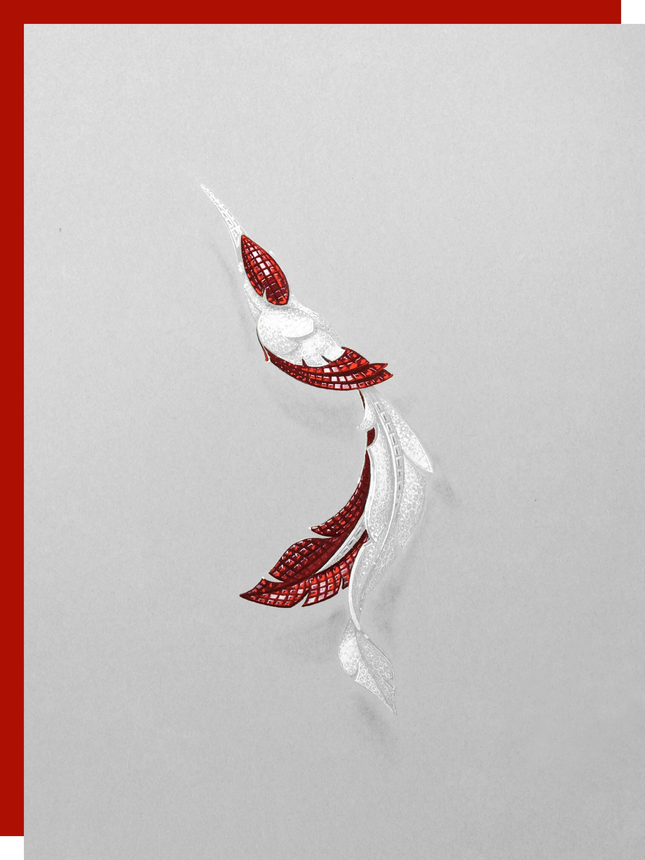 Oiseau Mystérieux胸针的手绘稿。Van Cleef & Arpels梵克雅宝。