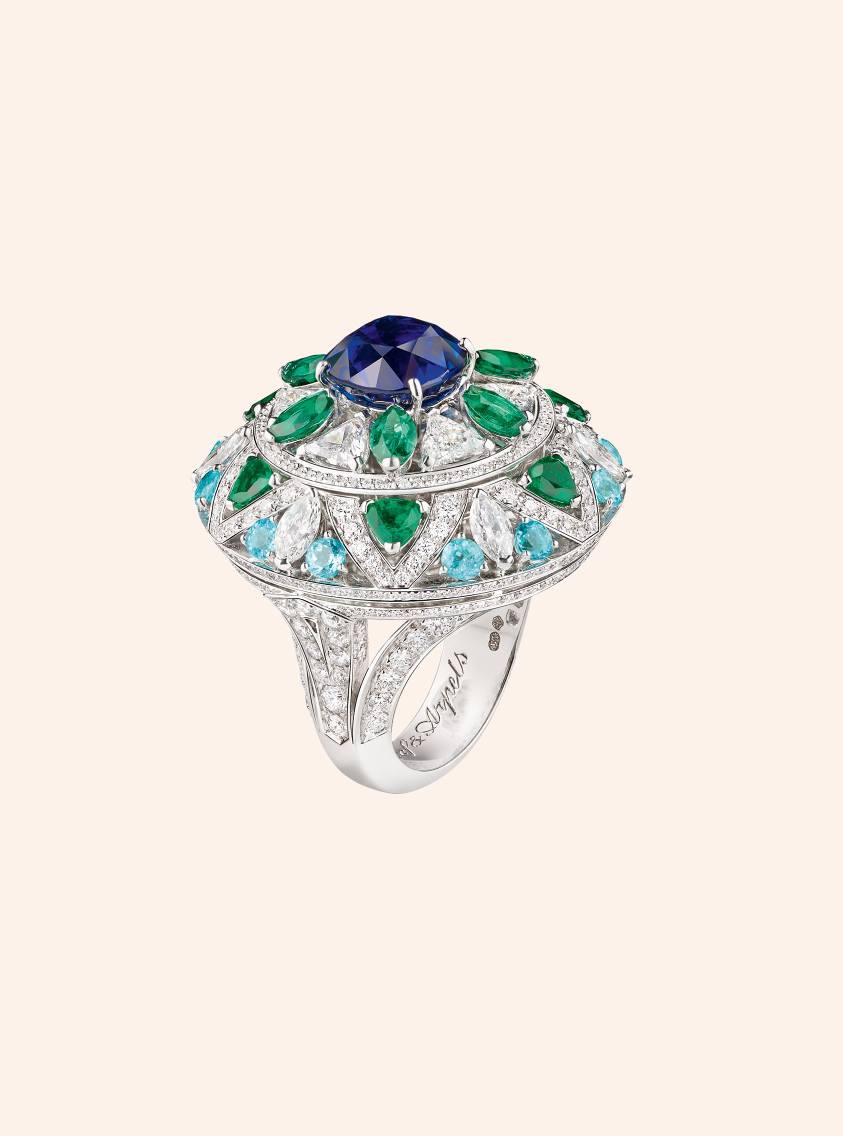 Fleur bleue ring, white gold, diamonds, emeralds, Paraíba-like tourmalines, 5.13-carat cushion-cut sapphire. Le Secret collection, Van Cleef & Arpels.