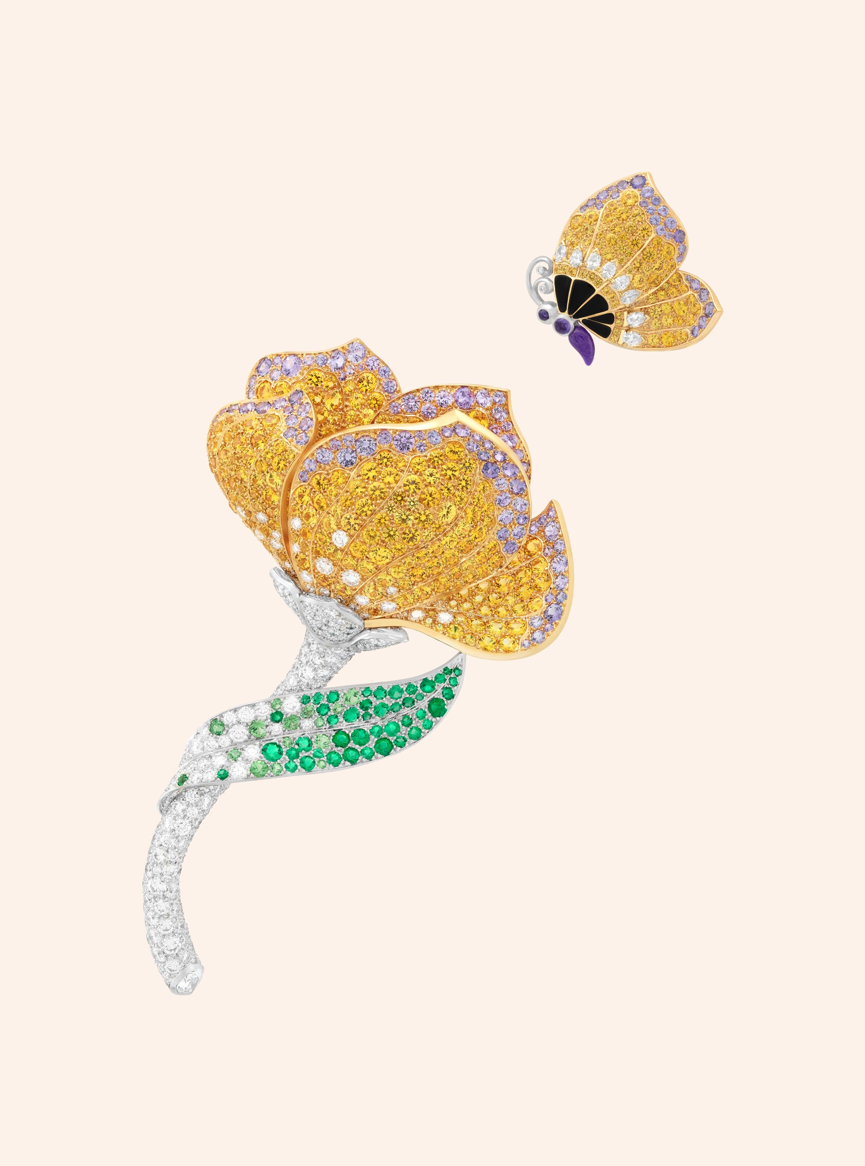 Pétale de Papillon transformable clips, yellow gold, white gold, round and pear-shaped diamonds, round emeralds, round tsavorite and spessartite garnets, round yellow sapphires, facetted and buff-topped round violet sapphires, onyx and sugilite. Le Secret collection, Van Cleef & Arpels.
