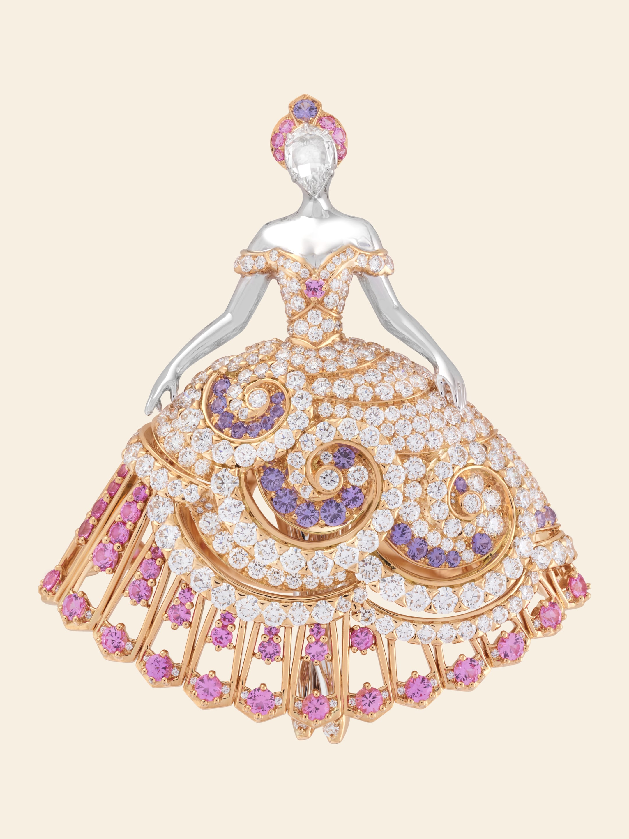 Princesse Éos胸针，白K金，黄K金，粉红色及淡紫色蓝宝石，钻石。Quatre contes de Grimm系列，Van Cleef & Arpels梵克雅宝。