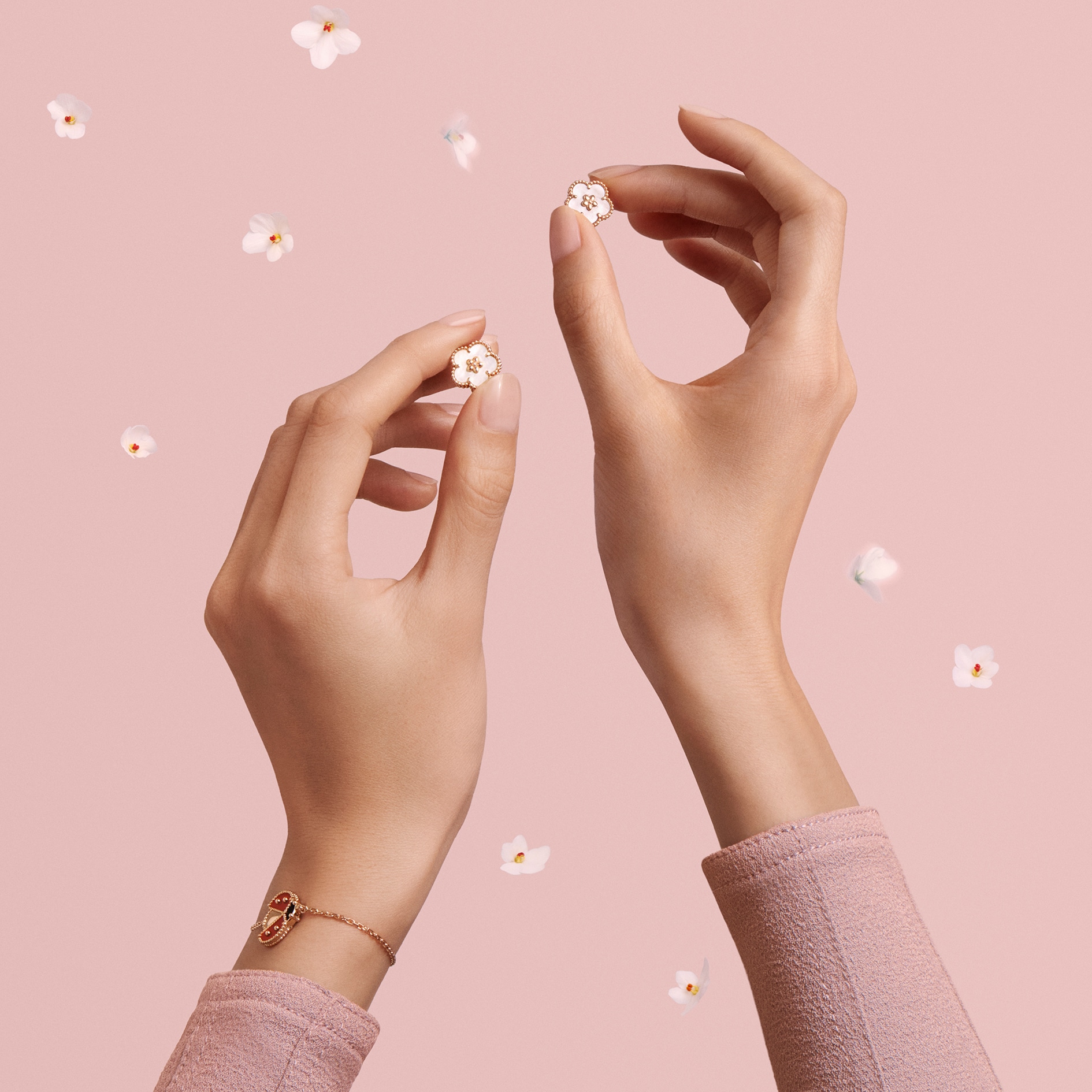 Lucky Spring earrings, plum blossom, rose gold, white mother-of-pearl, bracelet, open wings ladybug, rose gold, carnelian, onyx. Lucky Spring collection, Van Cleef & Arpels