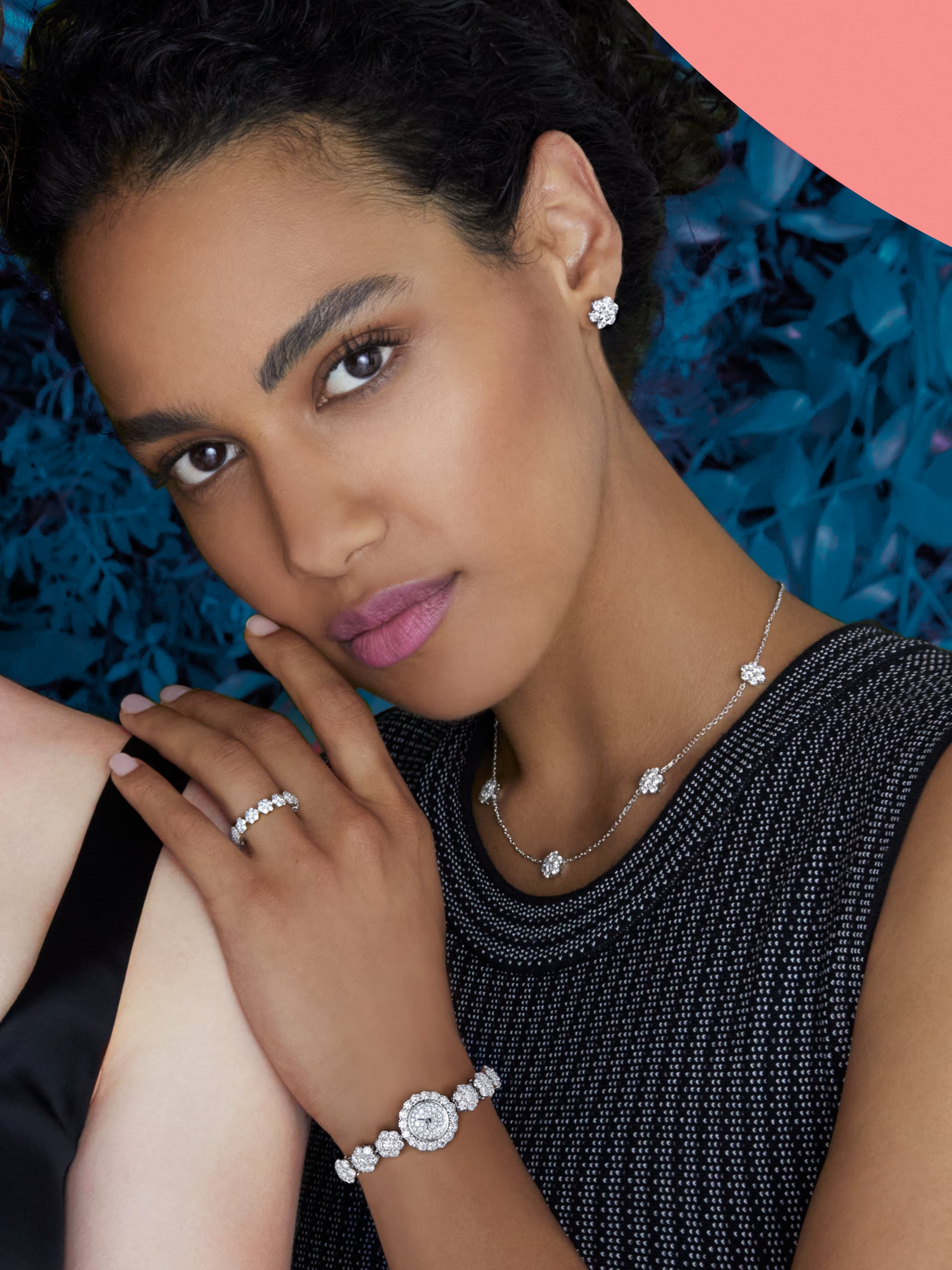 Fleurette earrings and necklace, 5 flowers, 18K white gold, diamonds. Fleurette wedding band, platinum, round diamonds.  Snowflake Fleurette watch, 18K white gold, platinum, diamonds, Swiss quartz movement. Snowflake and Fleurette collections, Van Cleef & Arpels.