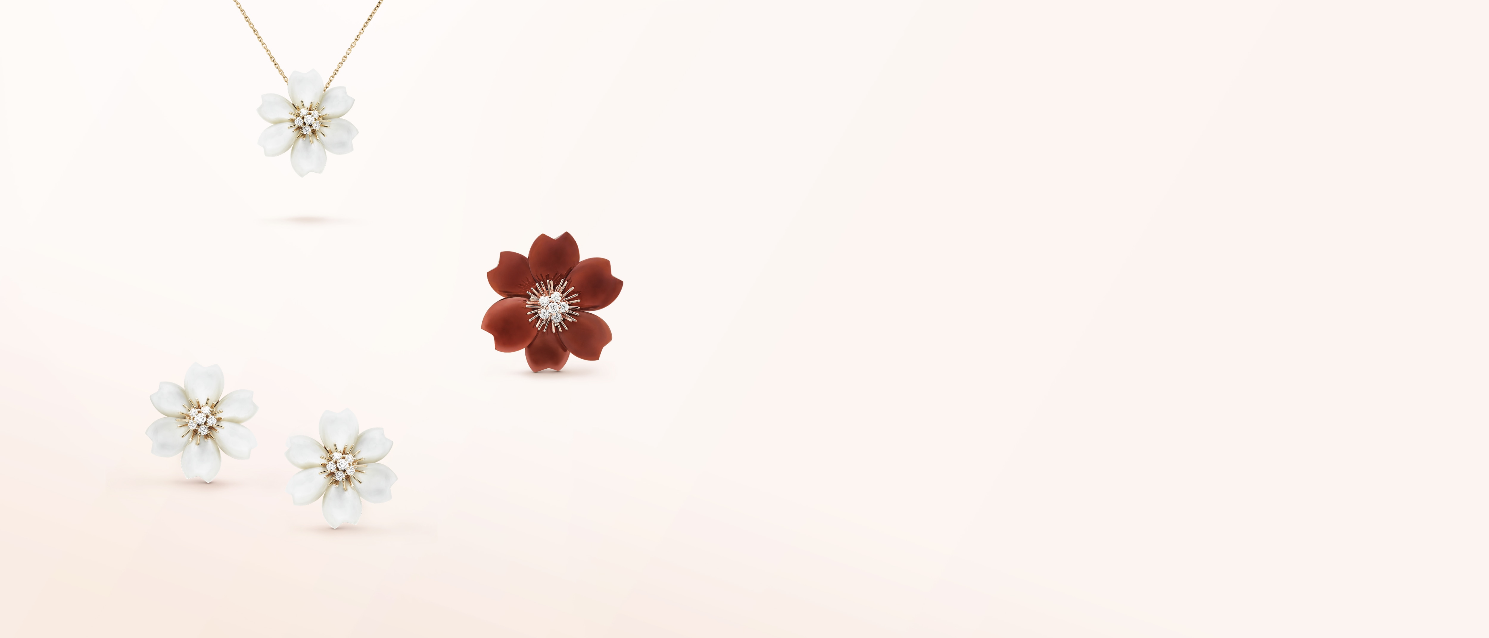 Rose de Noël collection, necklace, earrings and ring, carnelian and mother of pearl, cover, Van Cleef & Arpels