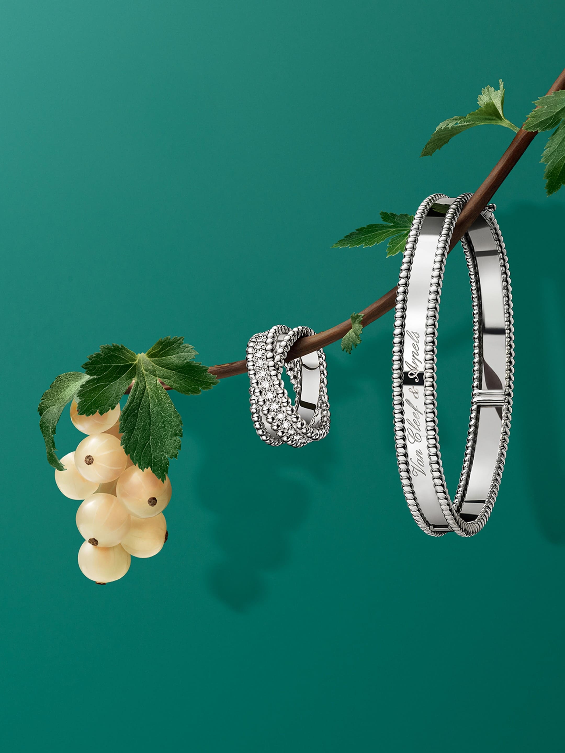 Perlée diamonds duo戒指，白K金，钻石。Perlée signature手镯，白K金。Perlée®系列，Van Cleef & Arpels梵克雅宝。