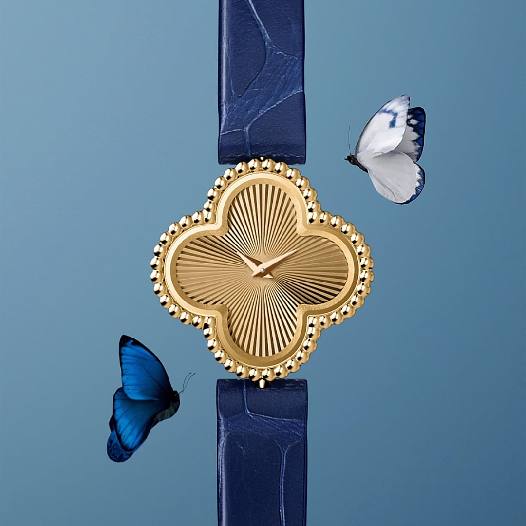 Sweet Alhambra watch, 18K yellow gold, guilloché 18K yellow gold dial, Swiss quartz movement. Alhambra collection, Van Cleef & Arpels.