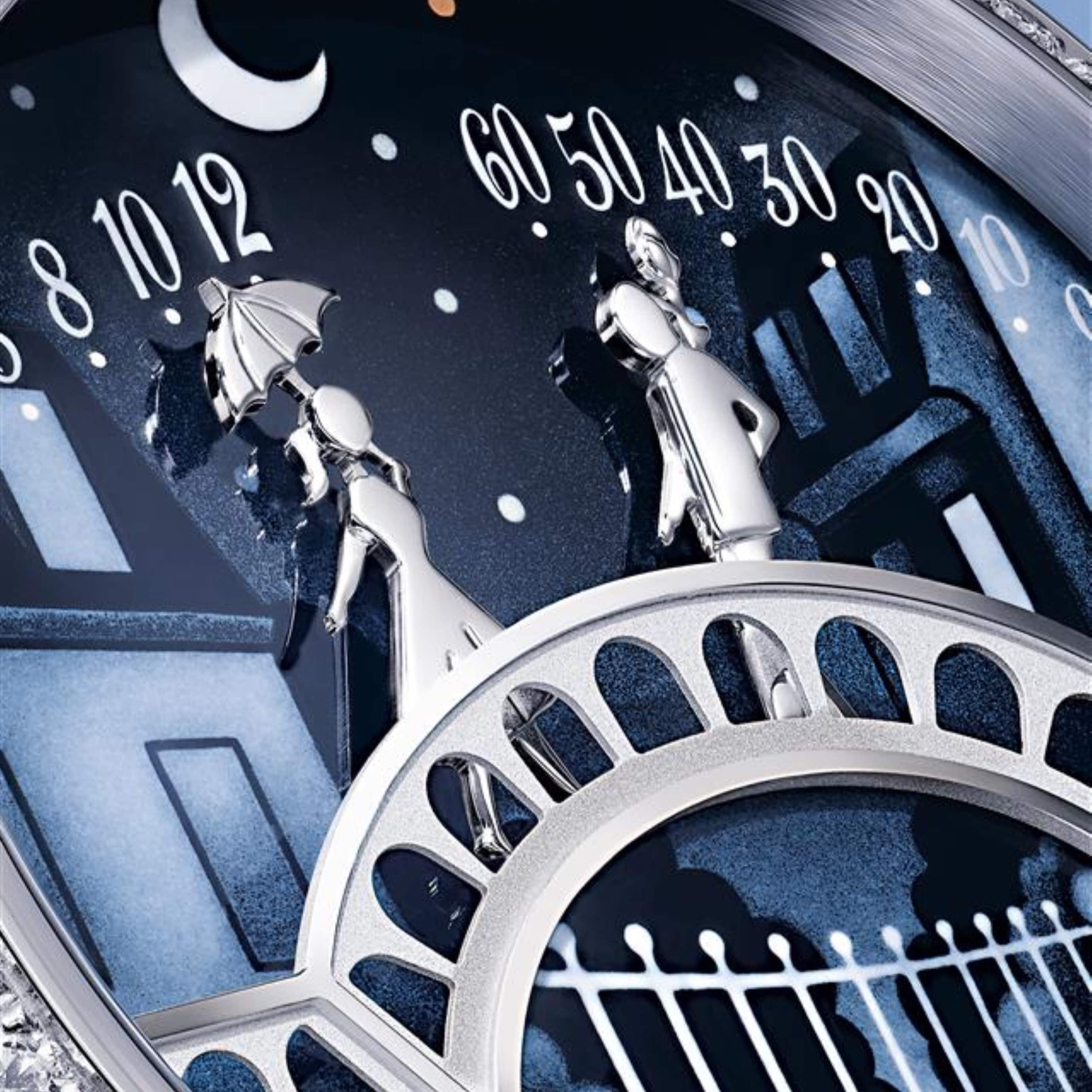 Lady Arpels Pont des Amoureux腕表。镀铑18K白金，钻石，珐琅，自动上链机械机芯，配备逆跳及按掣动画功能。Poetic Complications®诗意复杂功能腕表系列，Van Cleef & Arpels梵克雅宝。