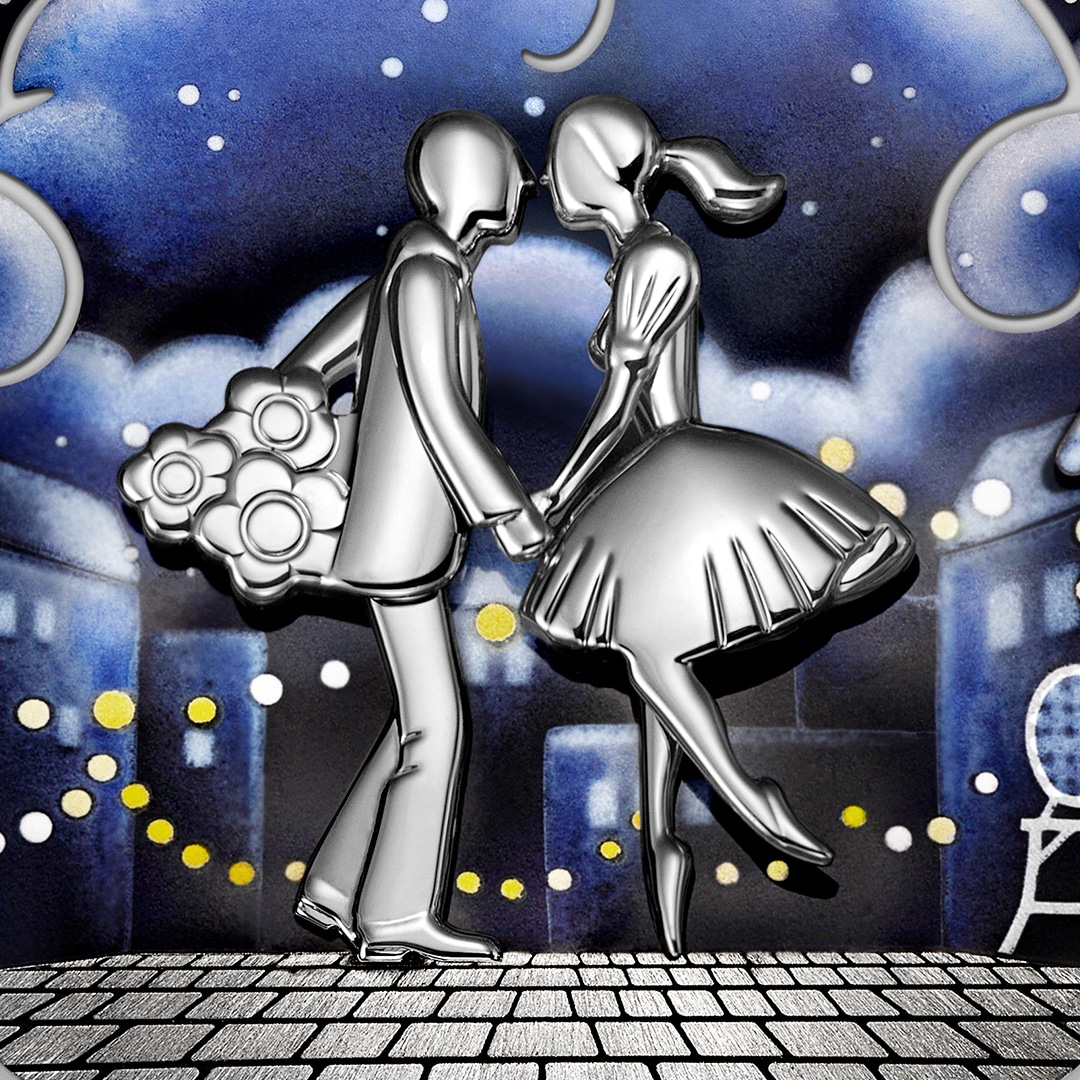 Lady Arpels Pont des Amoureux腕表。镀铑18K白金，钻石，珐琅，自动上链机械机芯，配备双逆跳及按需动画功能。Poetic Complications®诗意复杂功能腕表系列，Van Cleef & Arpels梵克雅宝。