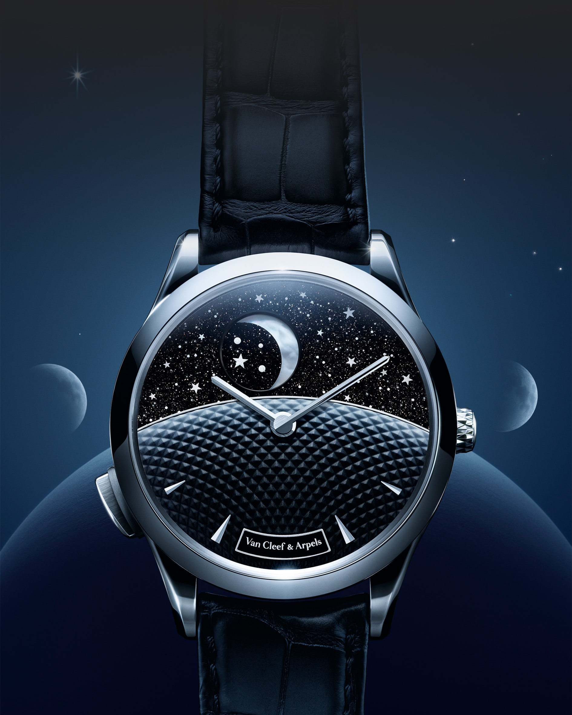 Midnight Jour Nuit Phase de Lune watch, white gold, yellow gold, white mother-of-pearl, aventurine glass, self-winding mechanical movement equipped with a combined moonphase and day/night display, on-demand animation. Poetic Complication collections, Van Cleef & Arpels
