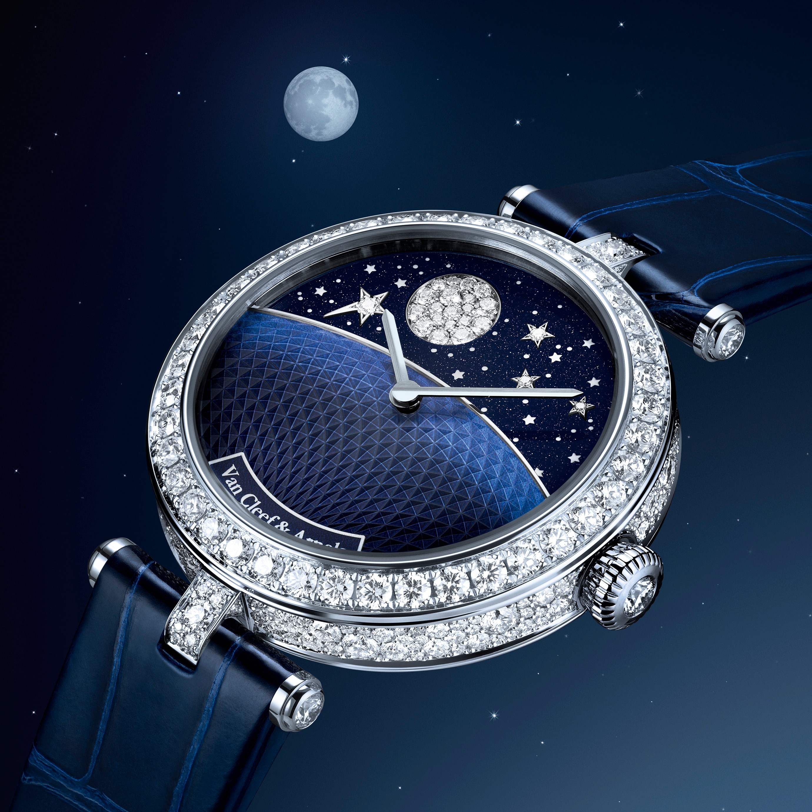 Lady Jour Nuit watch, rhodium plated 18K white gold, 18K yellow gold, diamonds, aventurine glass, blue-painted white mother-of-pearl, self-winding mechanical movement with 24h module. Poetic Complications collection, Van Clerf & Arpels.