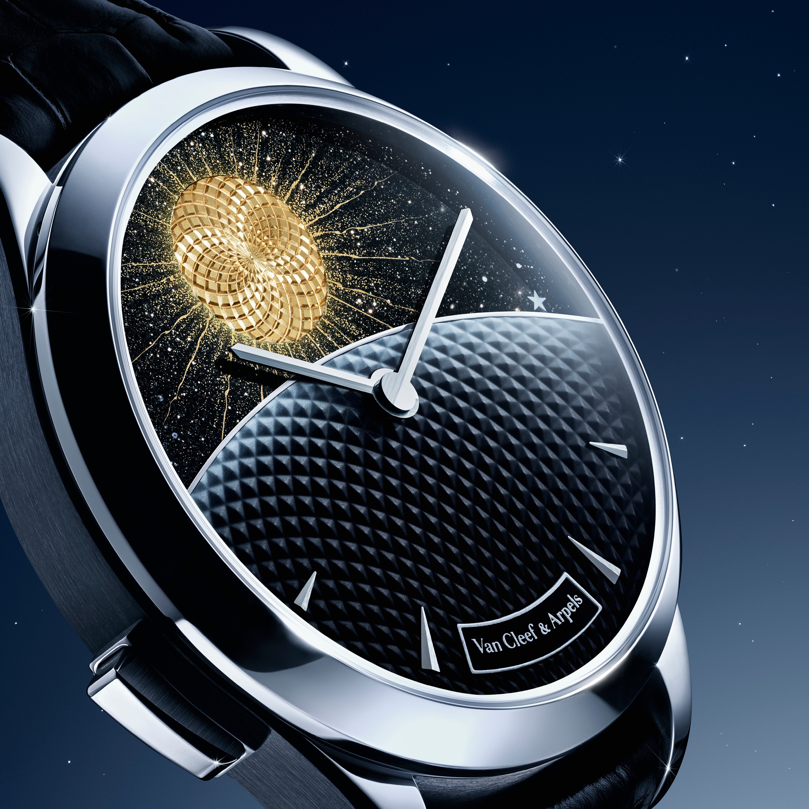 Midnight Jour Nuit Phase de Lune watch, white gold, yellow gold, white mother-of-pearl, aventurine glass, self-winding mechanical movement equipped with a combined moonphase and day/night display, on-demand animation. Poetic Complication collections, Van Cleef & Arpels