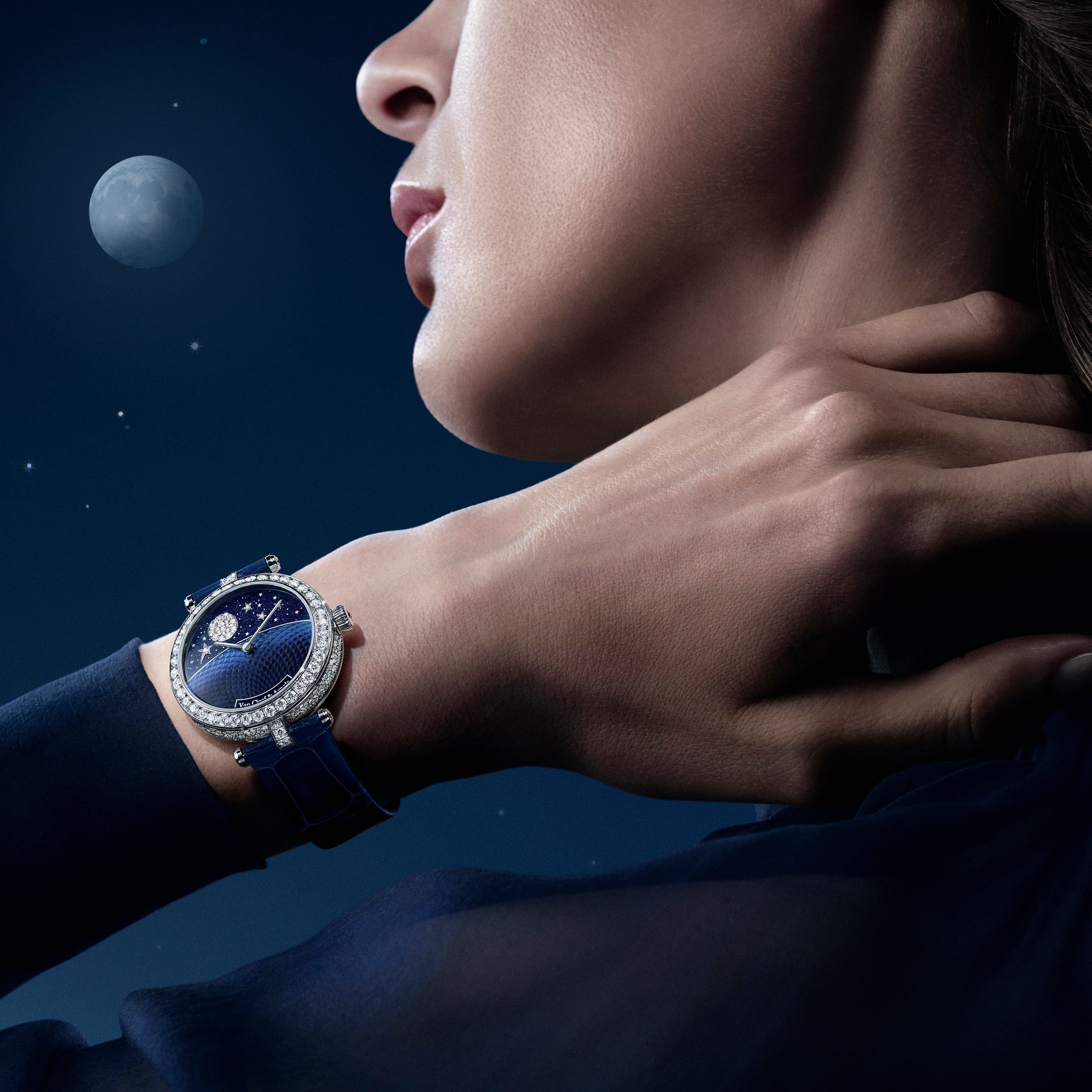 Lady Jour Nuit watch, rhodium plated 18K white gold, 18K yellow gold, diamonds, aventurine glass, blue-painted white mother-of-pearl, self-winding mechanical movement with 24h module. Poetic Complications collection, Van Clerf & Arpels.