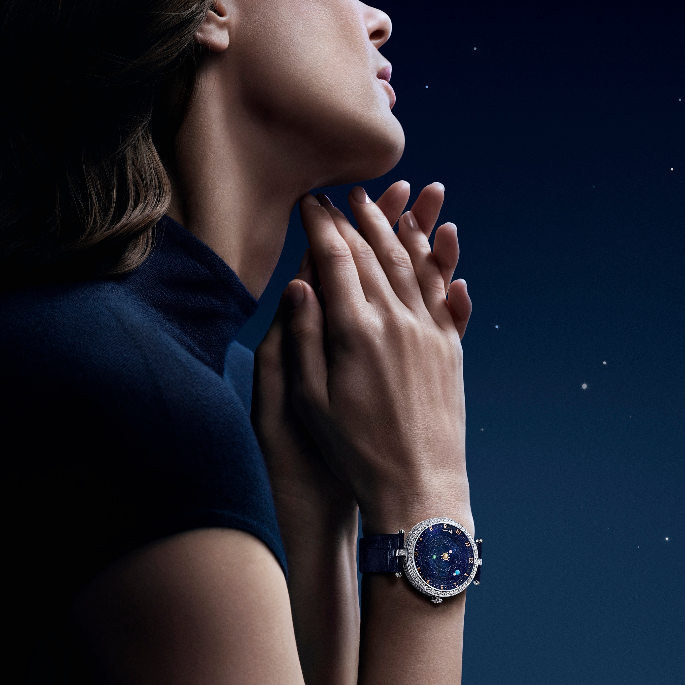 Lady Arpels Planétarium watch. Rhodium plated 18K white gold, 18K rose gold, diamonds, aventurine, pink mother-of-pearl, enamel, turquoise, automatic mechanical movement, planetarium. Poetic Complications collection, Van Clerf & Arpels.