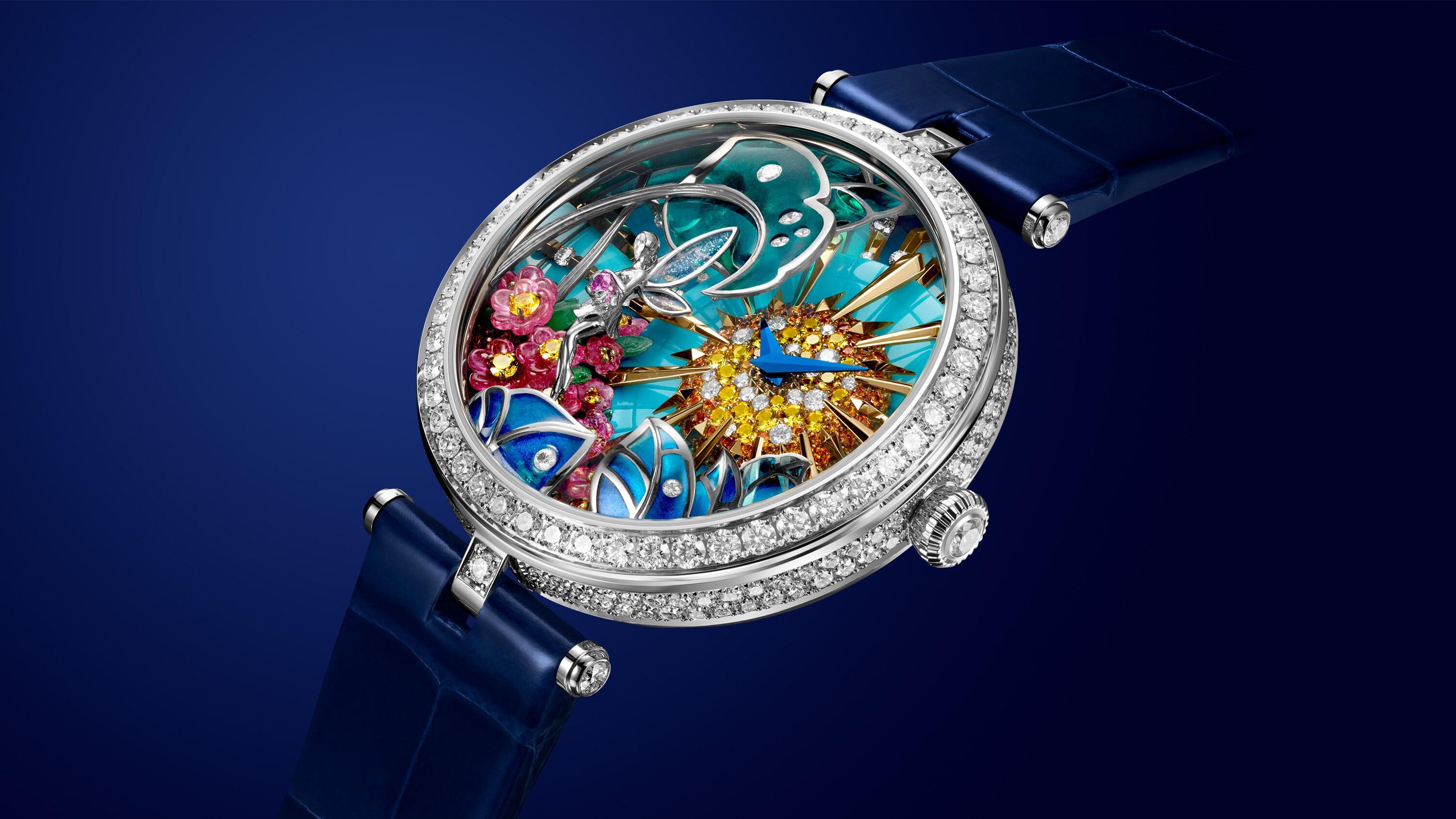 Montre Lady Arpels Jour Enchanté, or blanc et jaune, diamants, saphirs colorés, grenats spessartites, turquoise, émail plique-à-jour, façonné, serti dans l’émail, serti supporté. Collection Cadrans Extraordinaires, Van Cleef & Arpels.